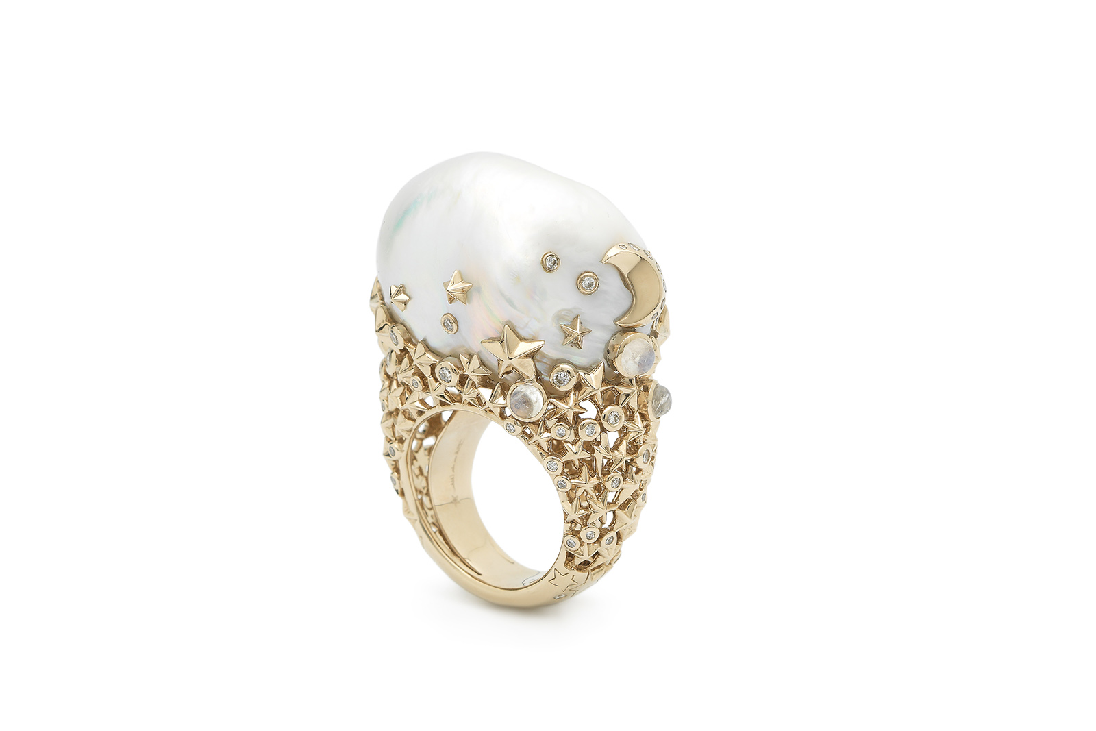  Bibi van der Velden Starry Night Big ring with moonstone, white diamonds and a baroque pearl in 18k gold
