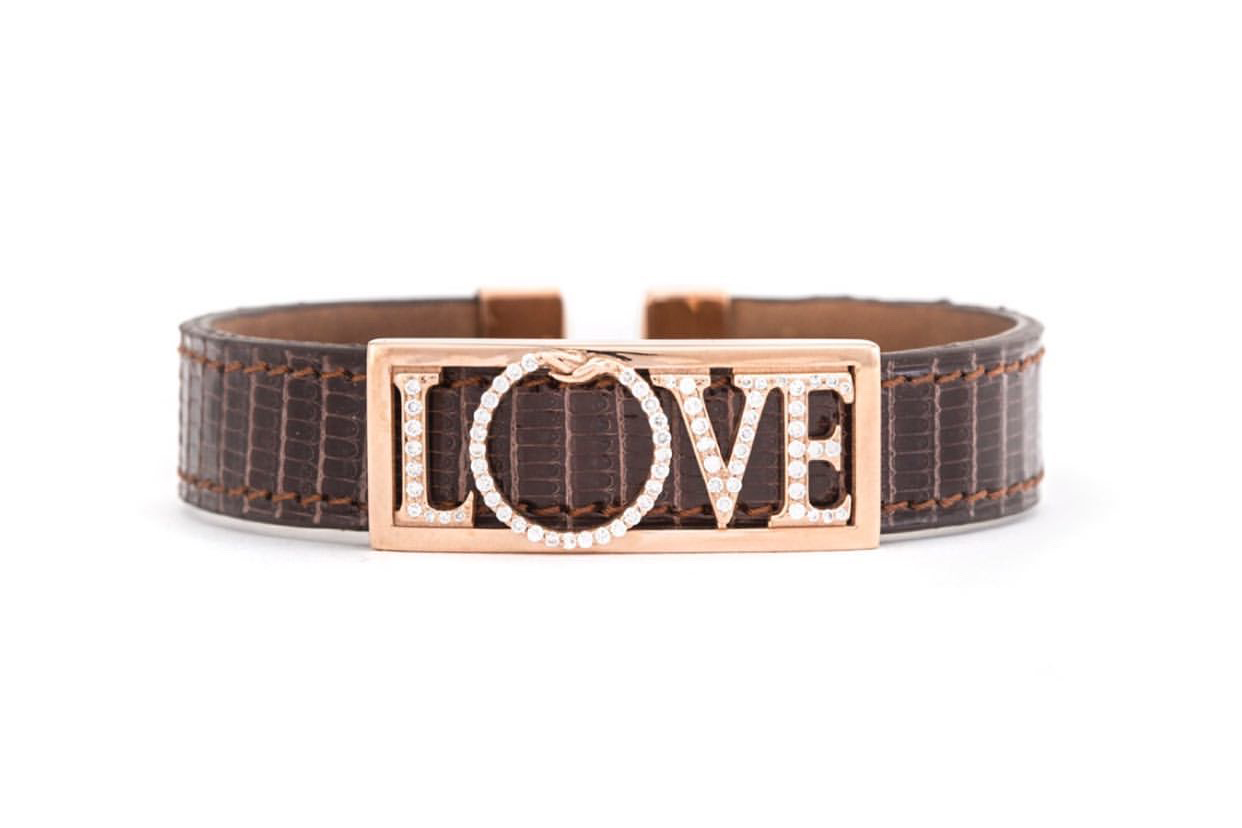  Lorenzo Quinn Love bracelet in 18k rose gold with diamonds and a lizard leather strap