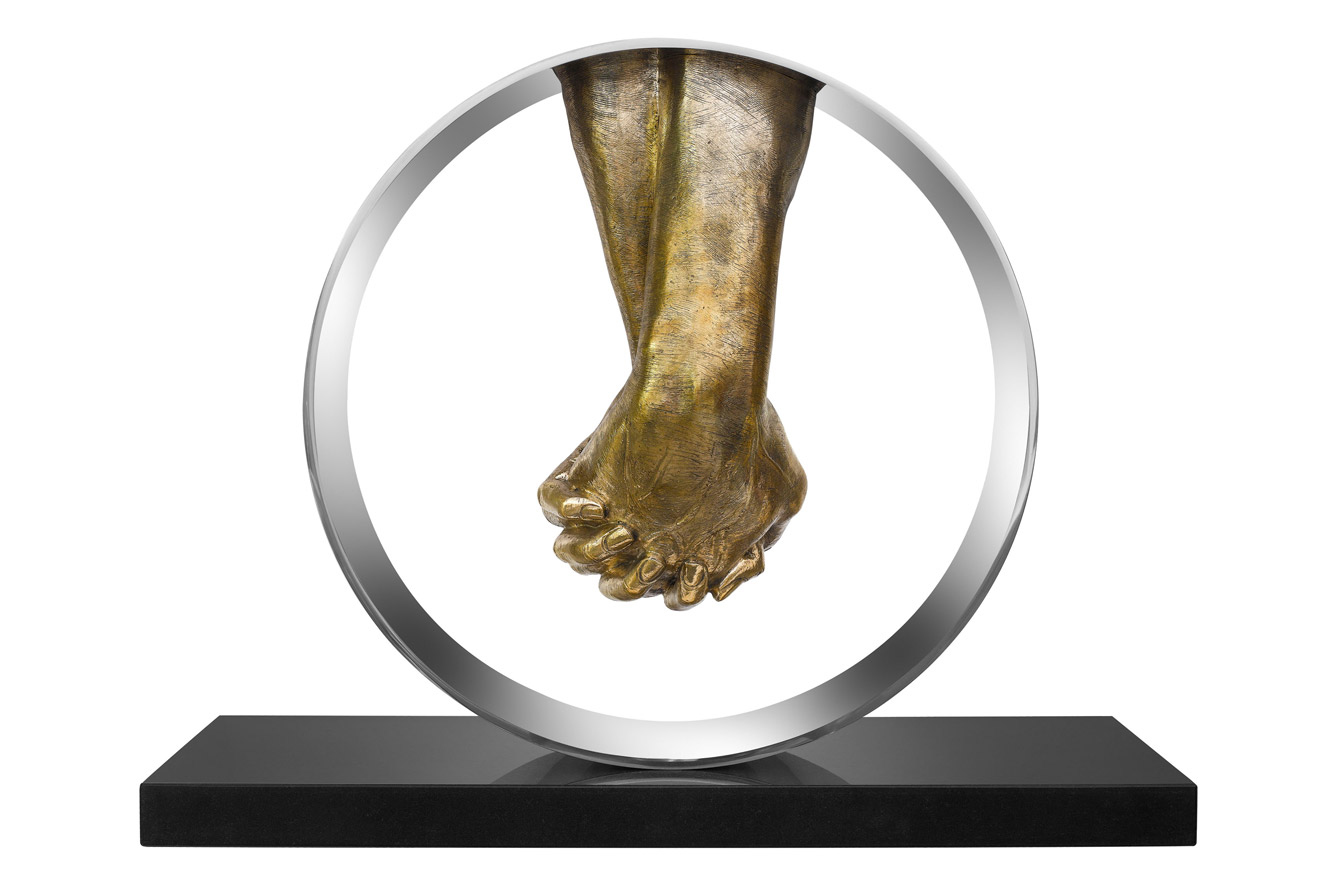  Lorenzo Quinn Love sculpture in polished bronze , stainless steel and black marble