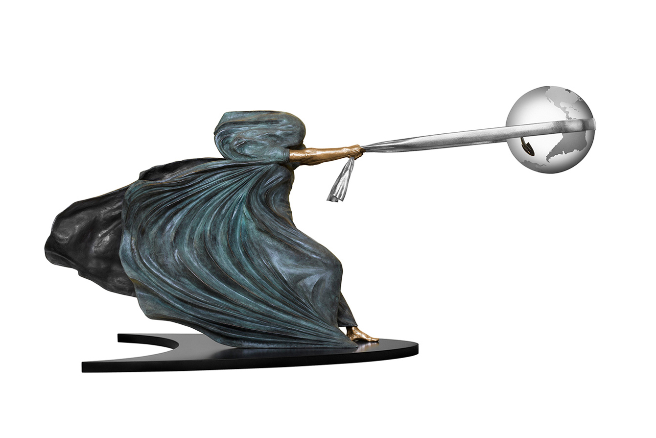  The Force of Nature II sculpture by Lorenzo Quinn in polished bronze, patinated bronze, stainless steel and black marble