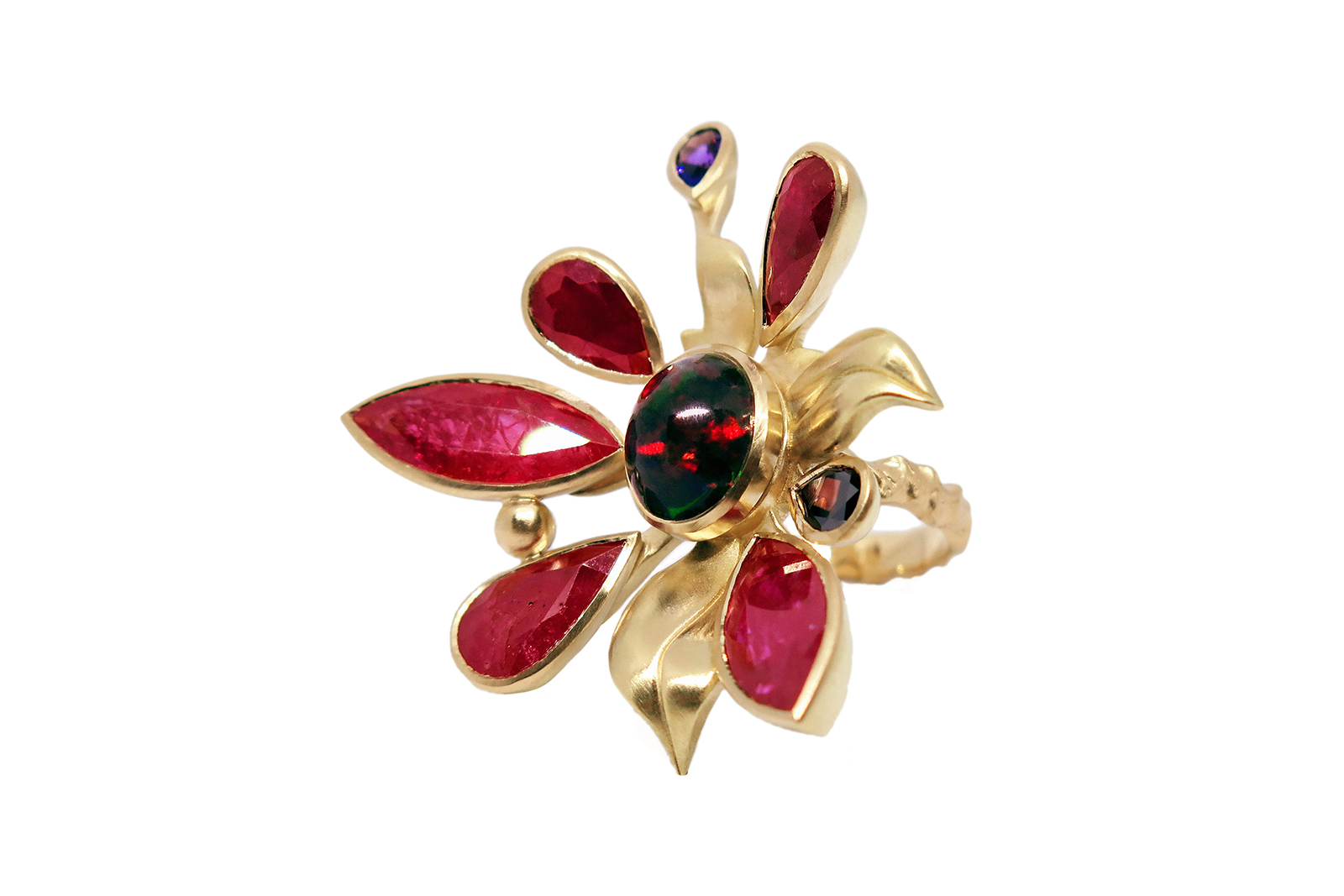  Francis de Lara Safari Sunset Bloom ring with fancy dark orange-brown diamond, black opal, amethyst and rubies in gold