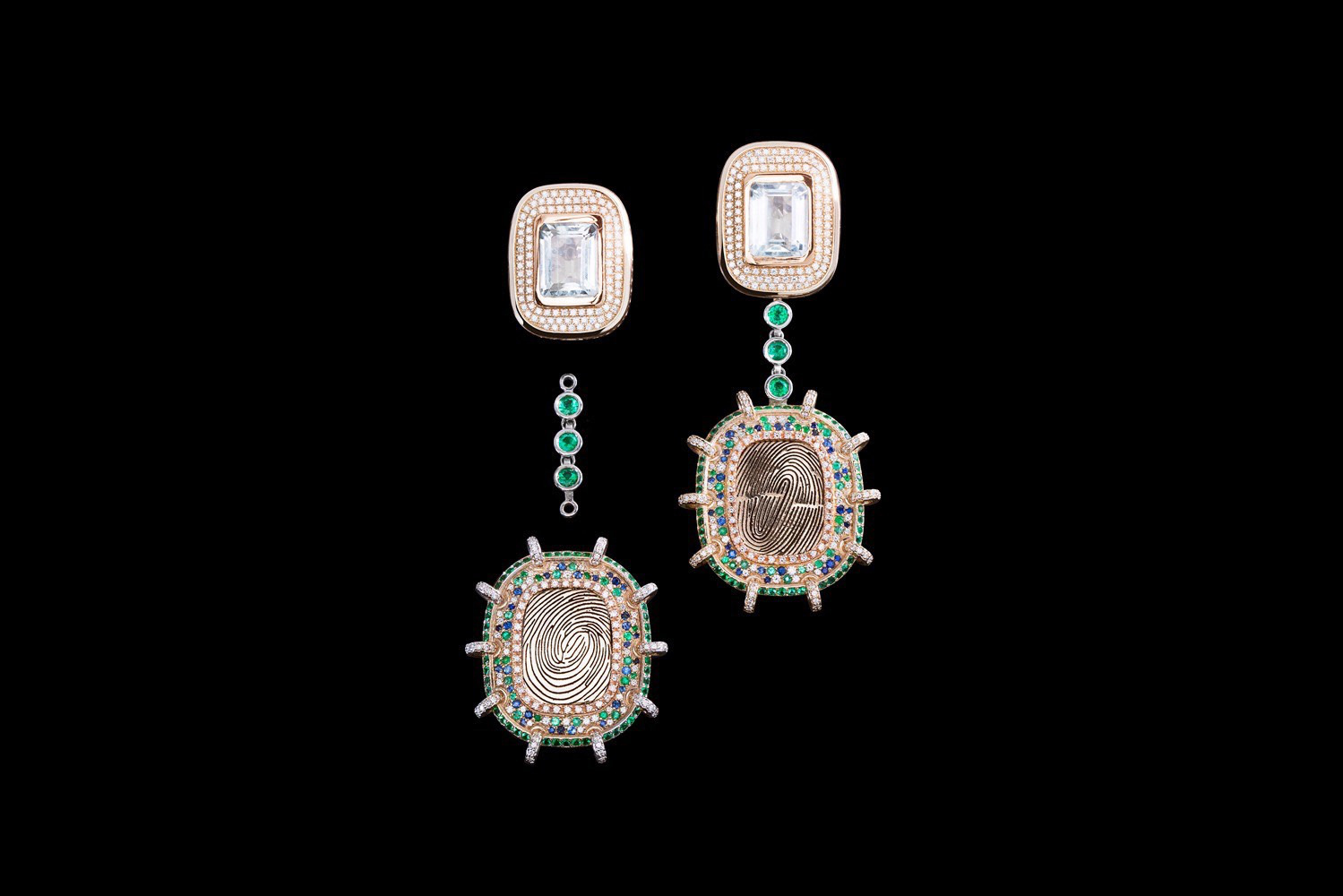  Bespoke Moments earrings by Lorenzo Quinn in 18K gold and engraved with the owner's fingerprints surrounded by emeralds and aquamarines