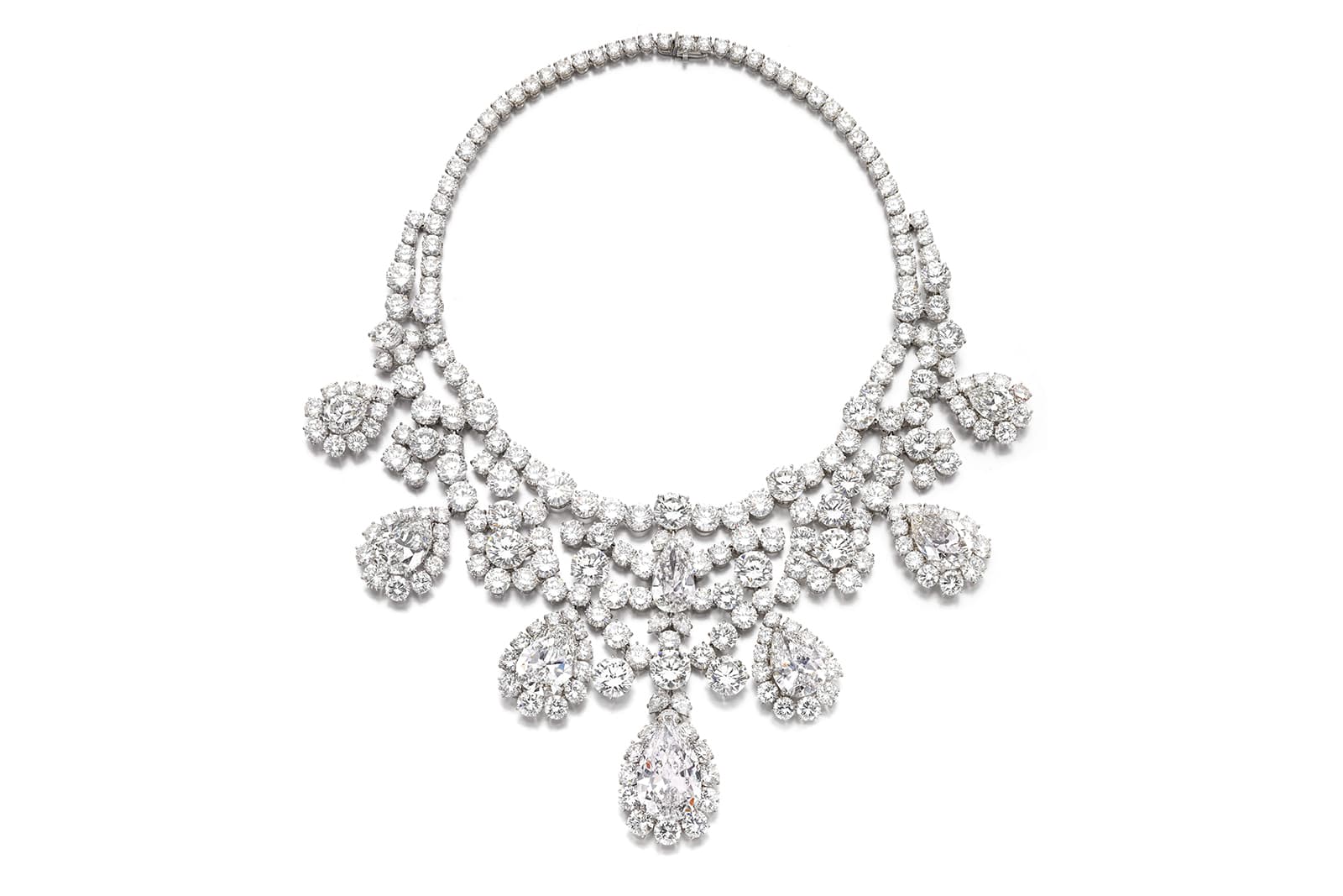 A diamond necklace by Harry Winston, circa 1973, with eight pear-shaped diamonds weighing from 3.77 to 20.72 carats, representing a total of 280 carats, to be sold by Sotheby’s at its Magnificent Jewels and Noble Jewels Geneva auction in May 2021