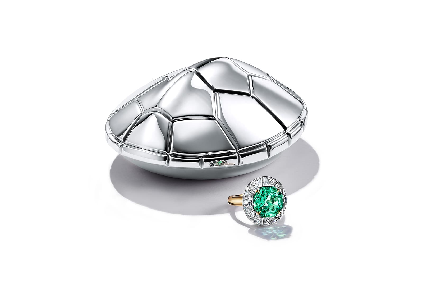  Tiffany & Co. Sea ring with an octagonal unenhanced 6 carat emerald and diamonds with a turtle shell inspired case in sterling silver and 18k yellow gold from the Colors of Nature High Jewellery Collection