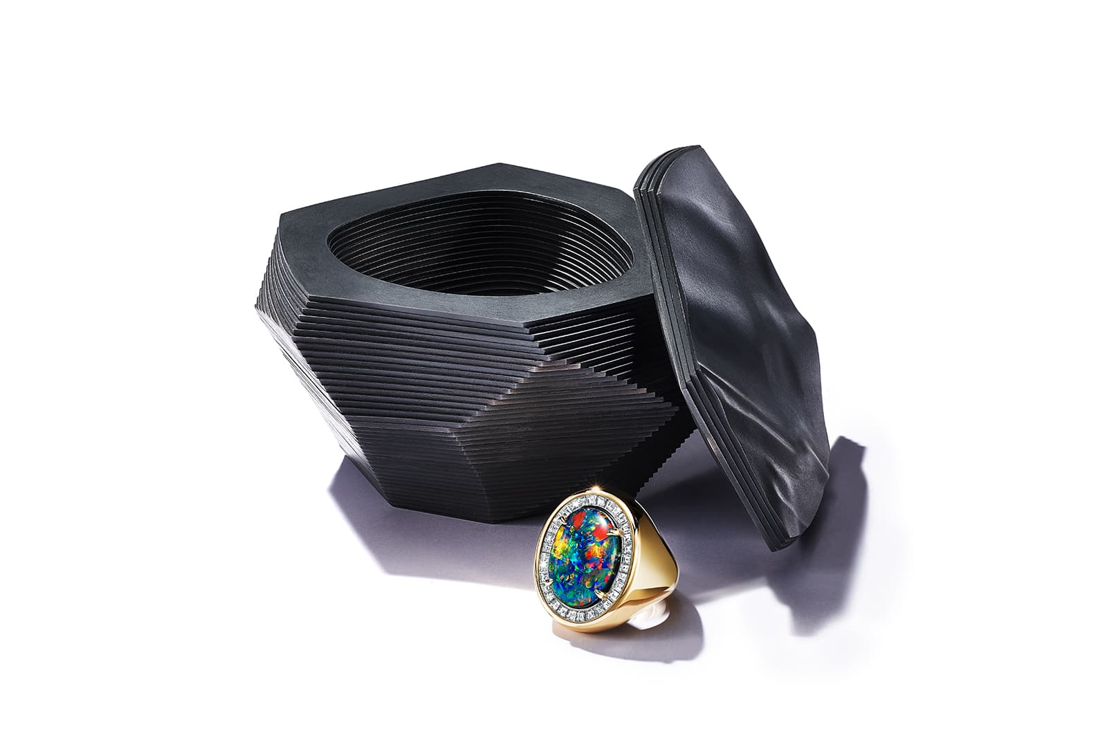  Tiffany & Co. Earth Lava Rock ring with a 7 carat oval cabochon black opal and baguette-cut diamonds with a case in sterling silver with a sulphur black patina, part of the Colors of Nature High Jewellery Collection