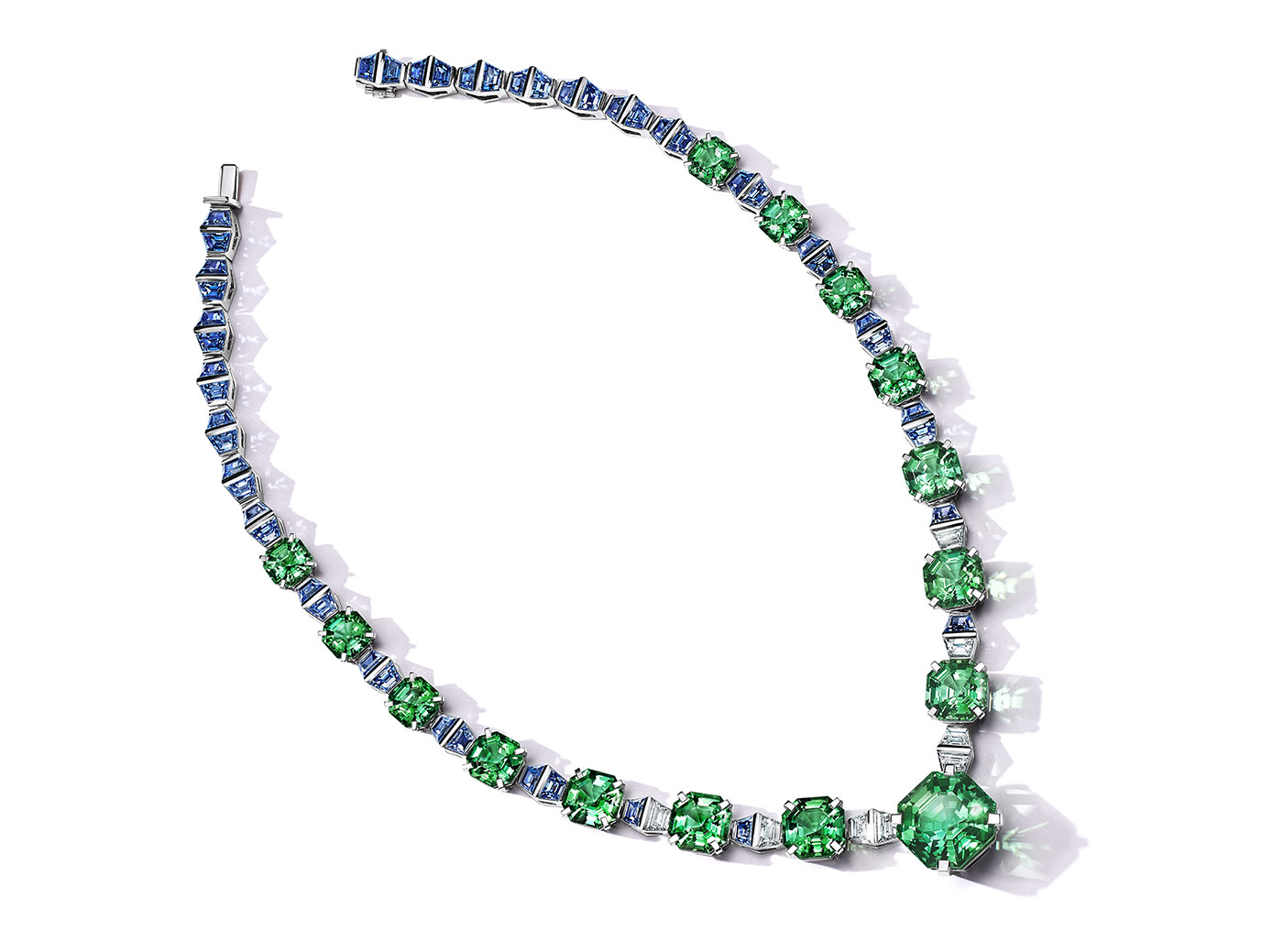 Tiffany & Co. Sea necklace from the Colors of Nature High Jewellery Collection crafted in platinum with more than 77 carats of emerald-cut green tourmalines, custom-cut sapphires of 29 carats and trapezoid diamonds