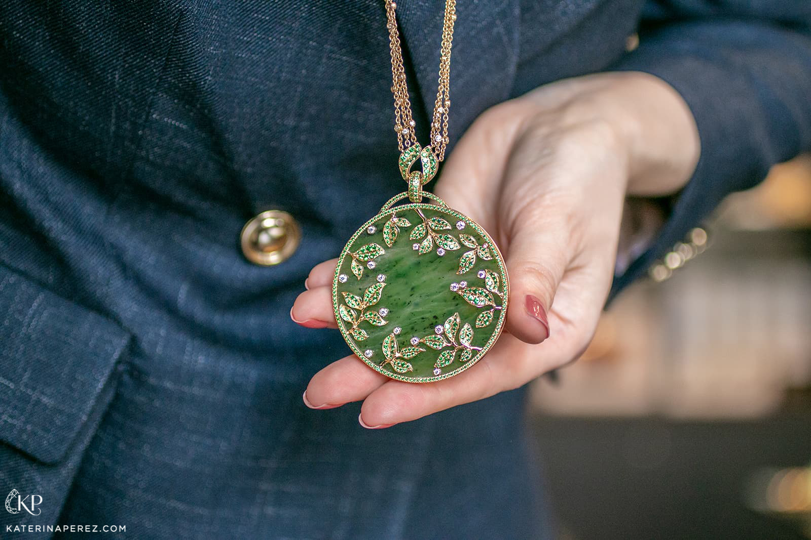  Brigitte Ermel Bambou Sacre medallion with Russian Jade, tsavorites and diamonds