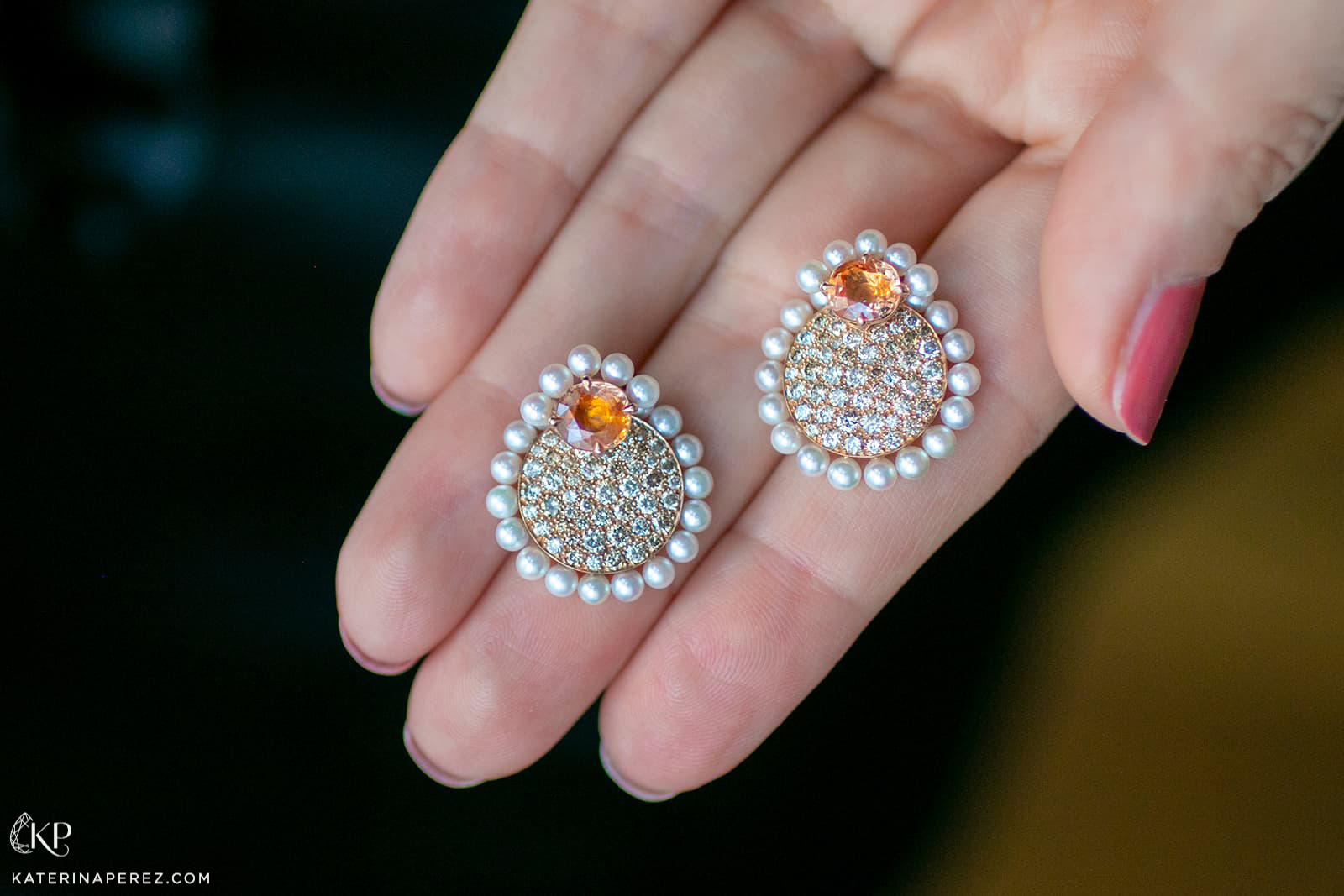 Alice Fournier Padma earrings with Padparadscha sapphires, Akoya pearls and diamonds 