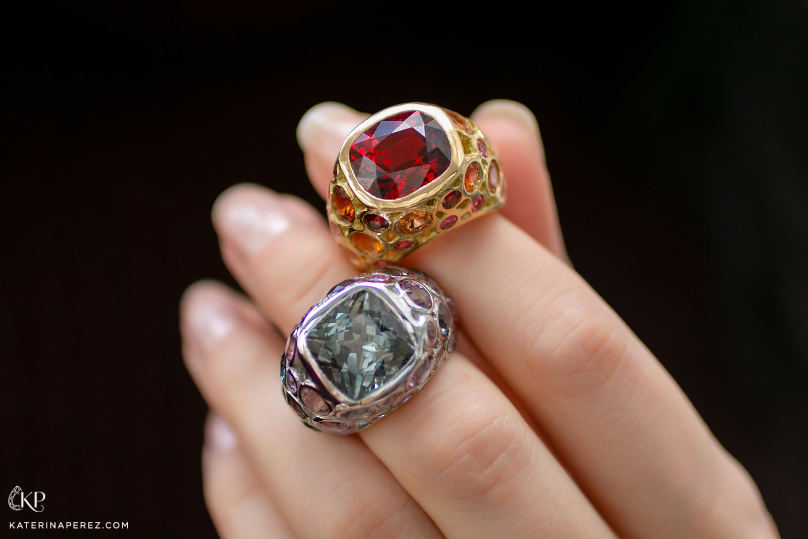  Hélène Courtaigne rings with spessartite garnet and green tourmaline