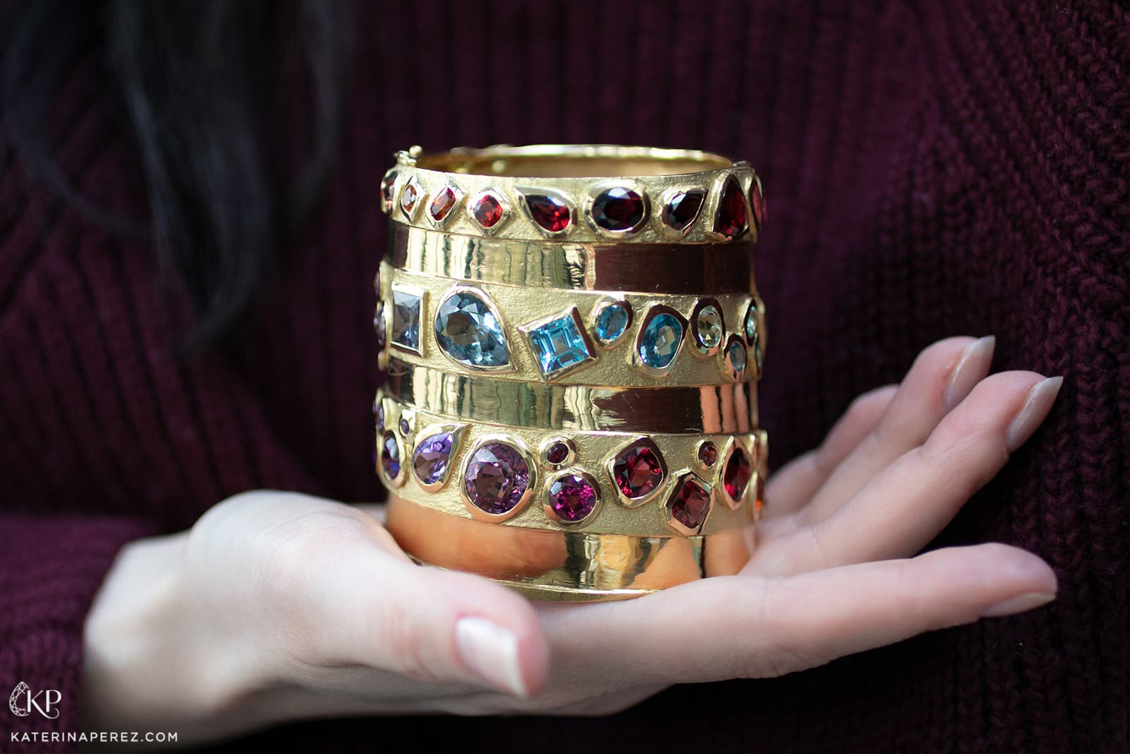  Hélène Courtaigne Babel Tower gold cuff bracelet with various gemstones