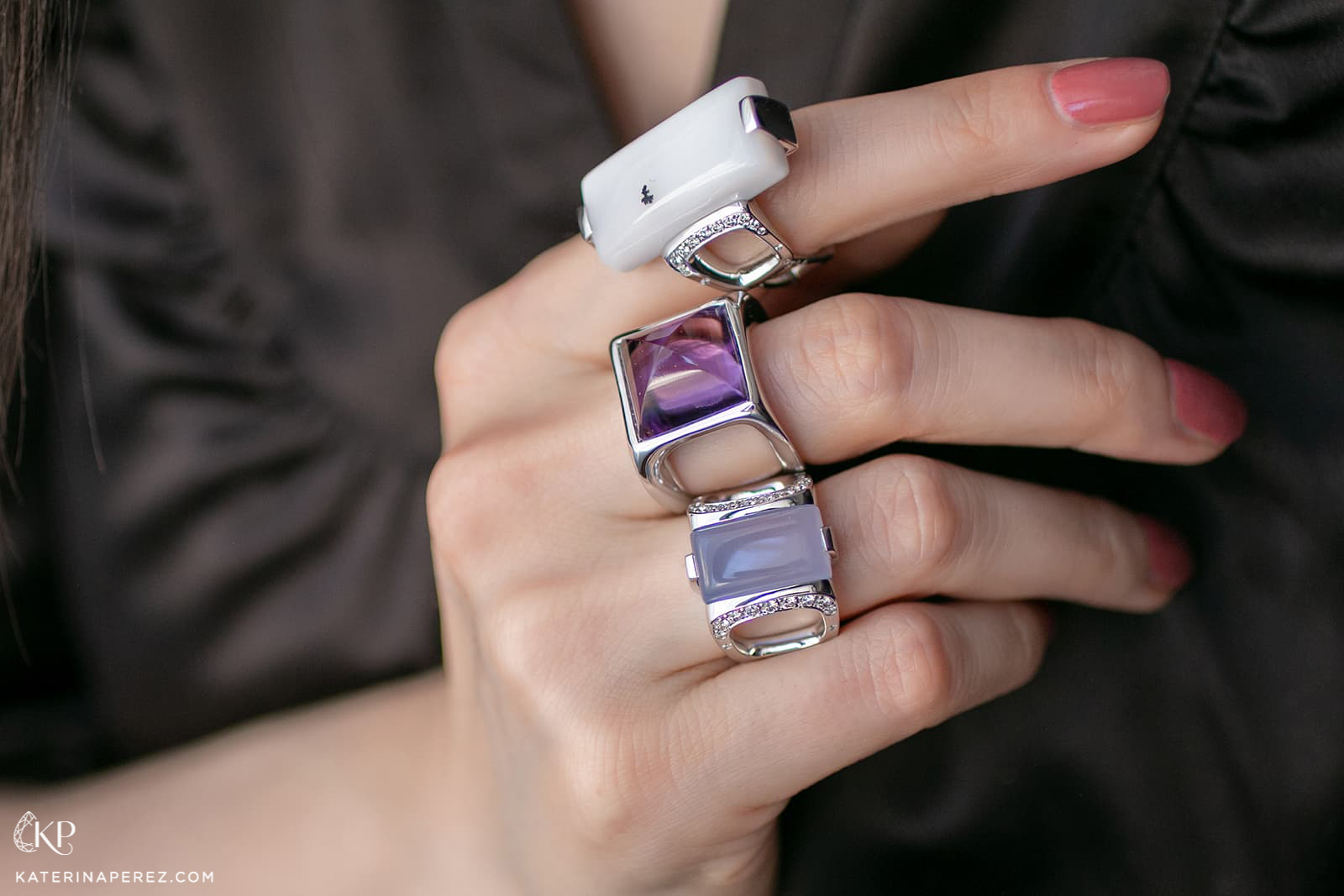 Amélie Viaene Lost in Translation ring with dendritic opal,  Phoenix ring with amethyst, and Lost in Translation ring with chalcedony