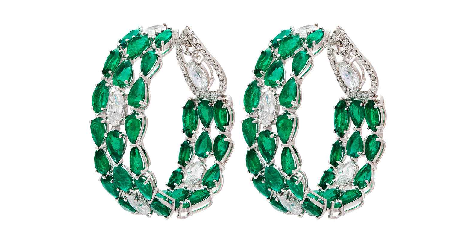 Ruchi New York Jewels Of Desire Iris Hoop earrings with 15.18 carats of emeralds and 4.56 carats of diamonds