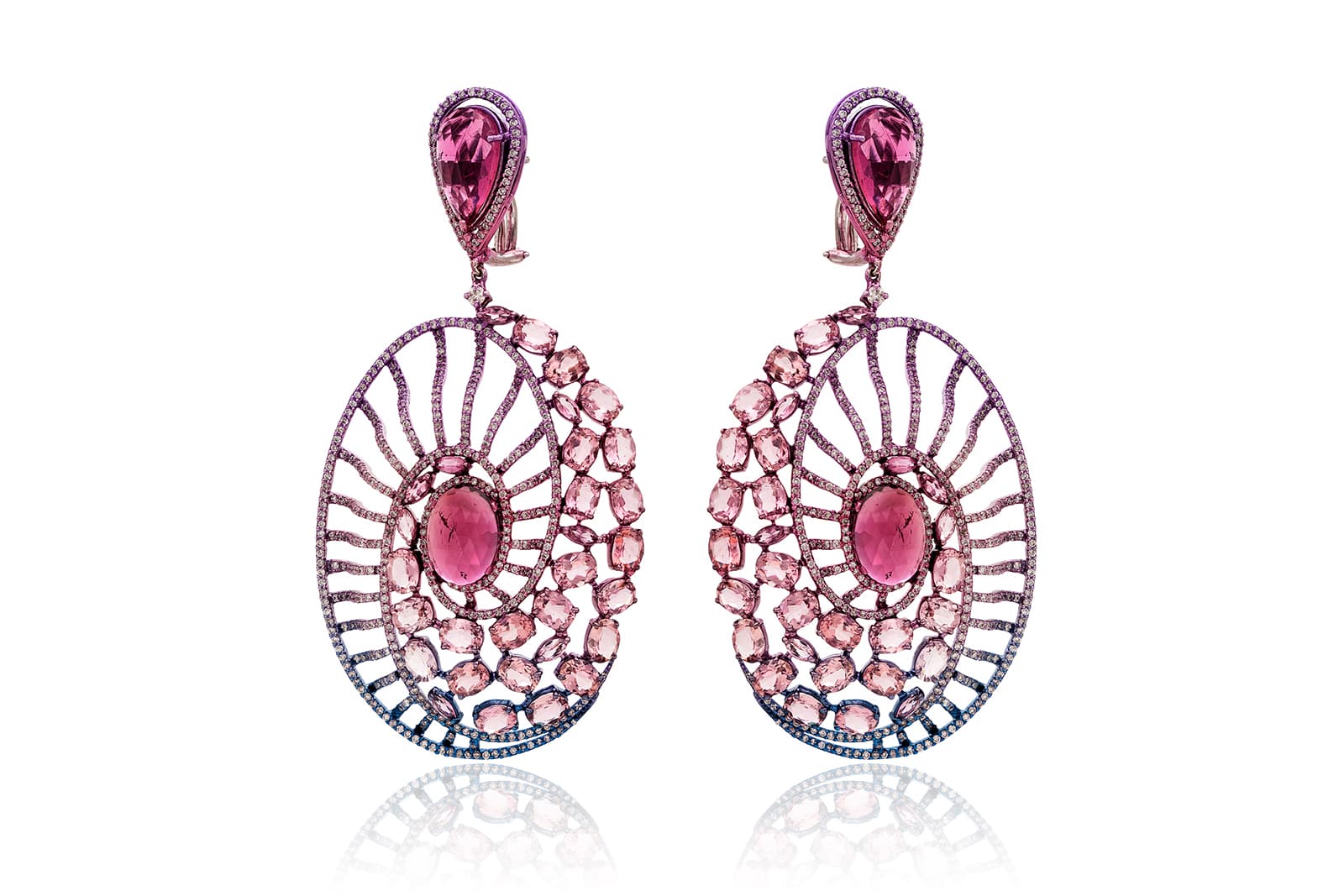  Ruchi New York Aurora Nights earrings with cabochon and faceted coloured gemstones and diamonds in gold and tinted rhodium