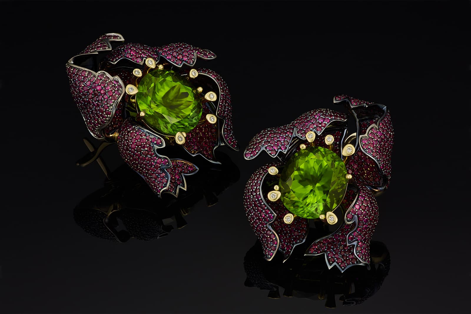  Izmestiev Diamonds Peony earrings in rhodium-plated gold with chrysolites, rubies and diamonds from the Japanese Garden Collection