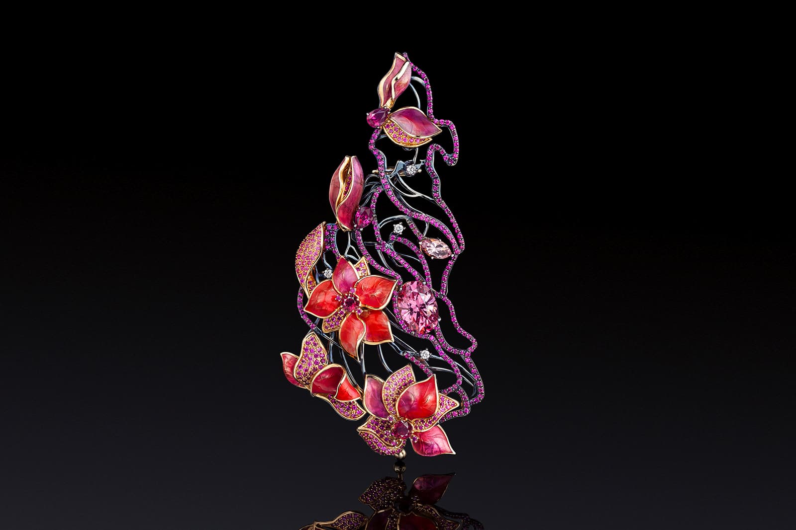 Izmestiev Diamonds Wind in the Garden brooch in pink gold with enamel, spinel, rubies, diamonds and pink sapphires from the Japanese Garden Collection