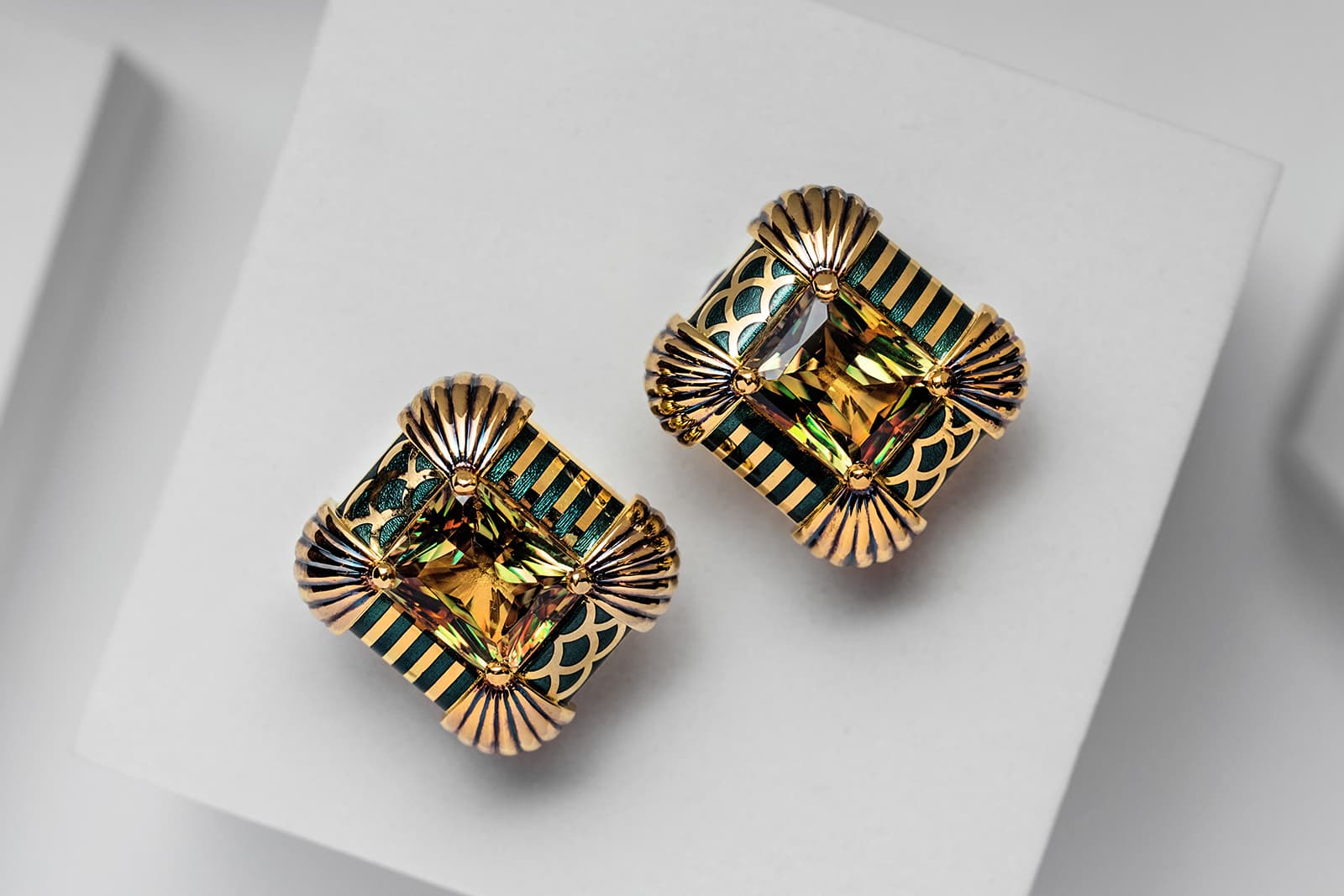 Izmestiev Diamonds ‘The Sultan’ earrings in gold and enamel with sultanite – a rare colour-change gemstone - from the Japanese Garden Collection