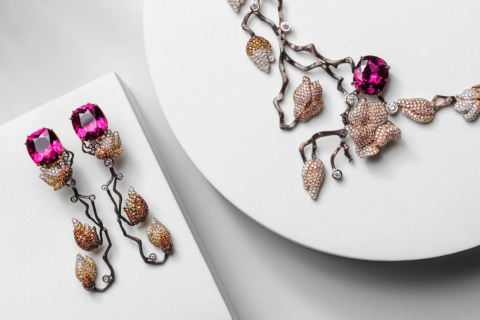 Izmestiev Diamonds Magnolias transformable gold earrings with rhodolite gar...