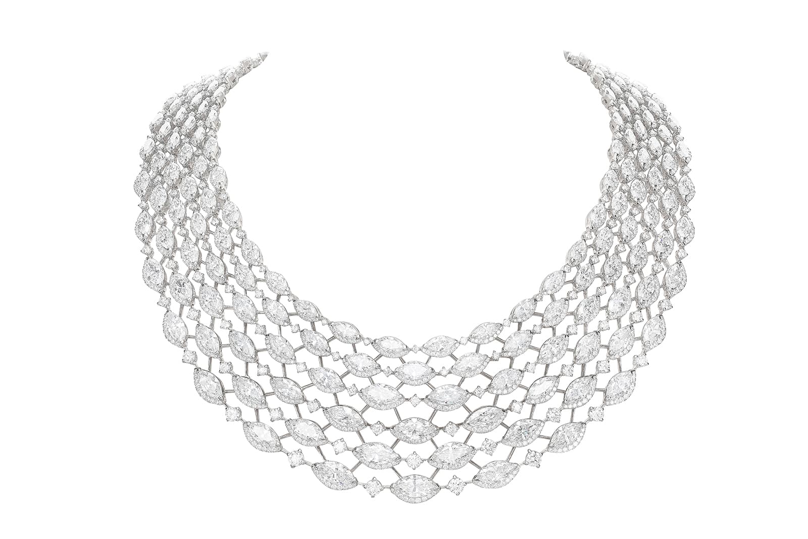  Butani 18k white gold and diamond necklace with 69.29 carats of round brilliant and marquise-cut diamonds