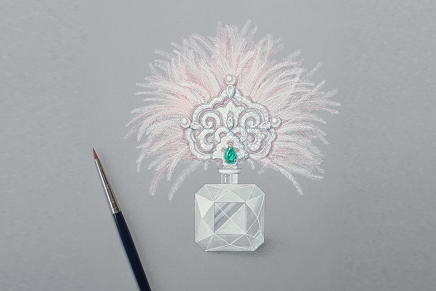  Gouache painting of the Imperatritsa High Jewellery perfume bottle by Jeanne Karpov, which features a pale pink ostrich feather, diamonds, Akoya pearls and purple sapphire
