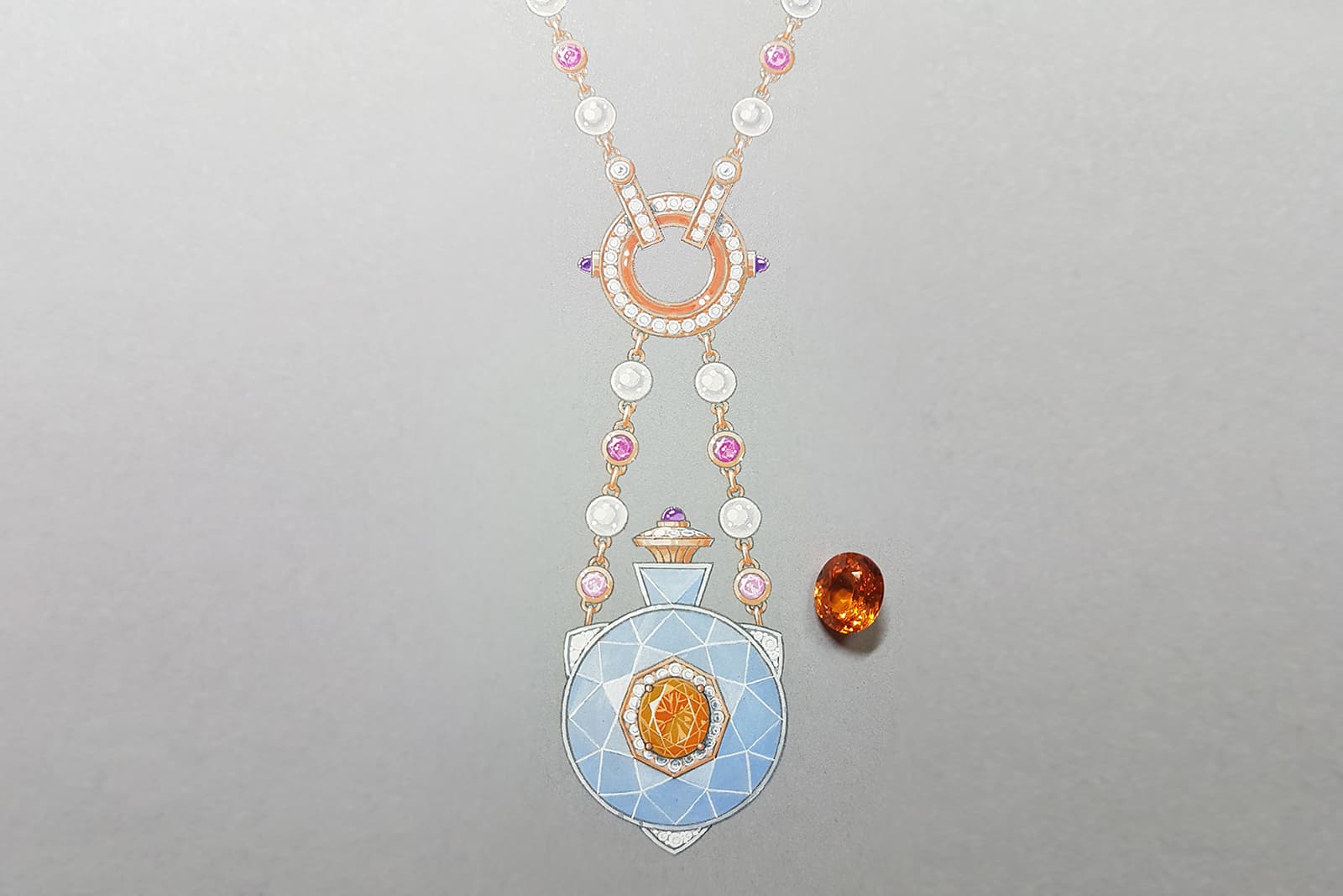  Gouache painting of the Olympiada High Jewellery necklace with pearls and pink sapphires by Karpov 