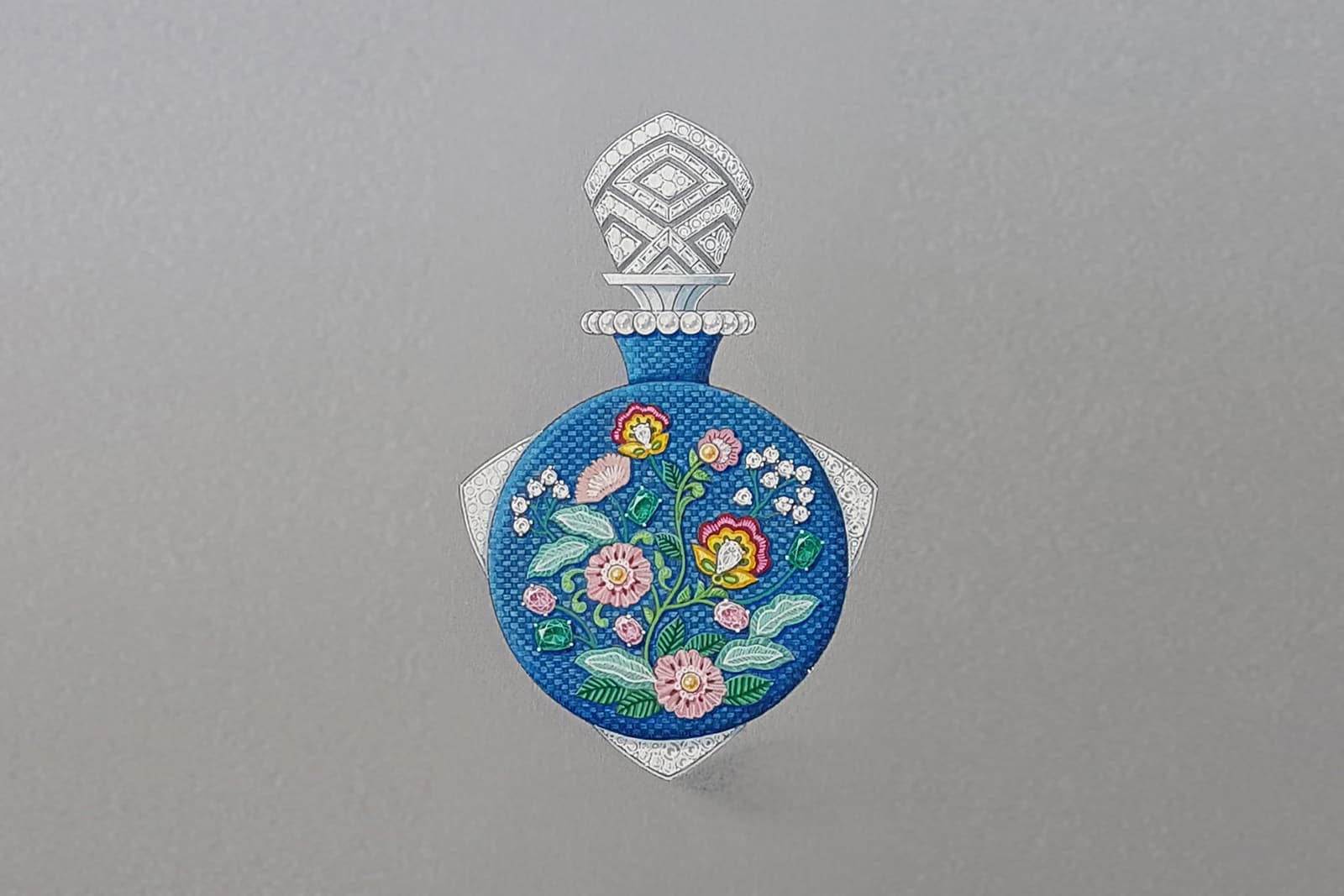  Gouache painting of the Tsaritsa High Jewellery perfume bottle by Karpov 