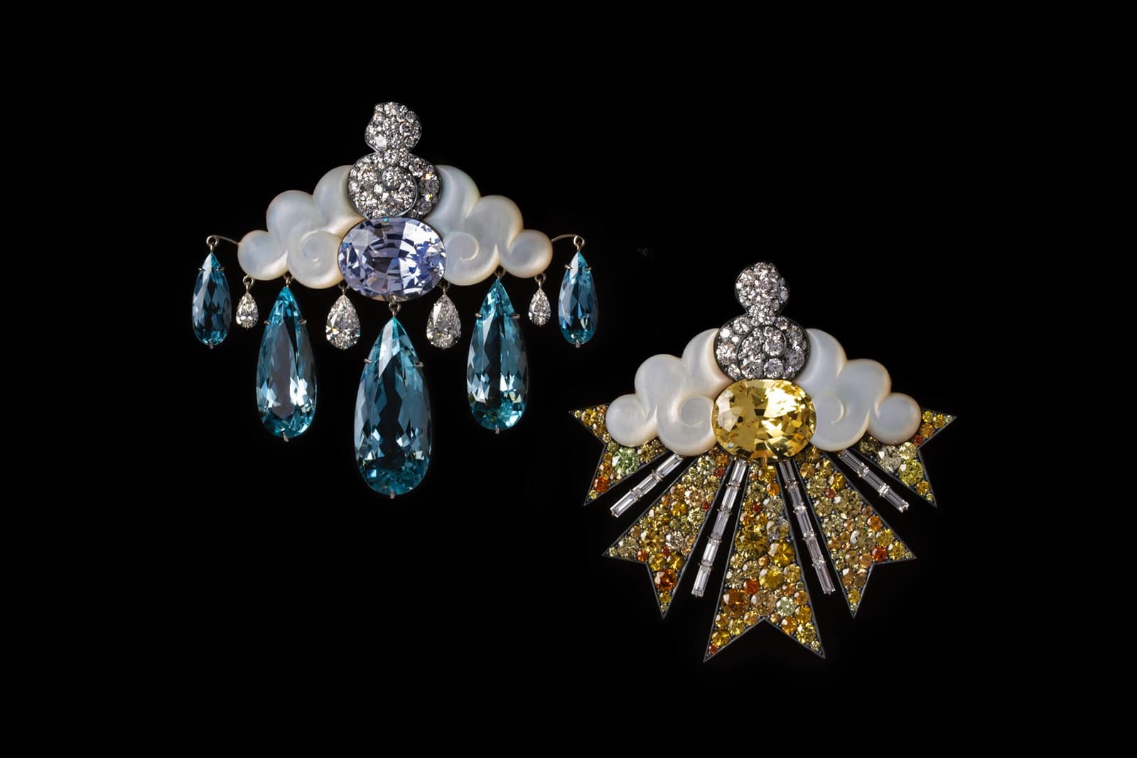  David Michael Rain or Shine earrings in 18k gold, platinum and oxidised silver with sapphires, diamonds and aquamarines