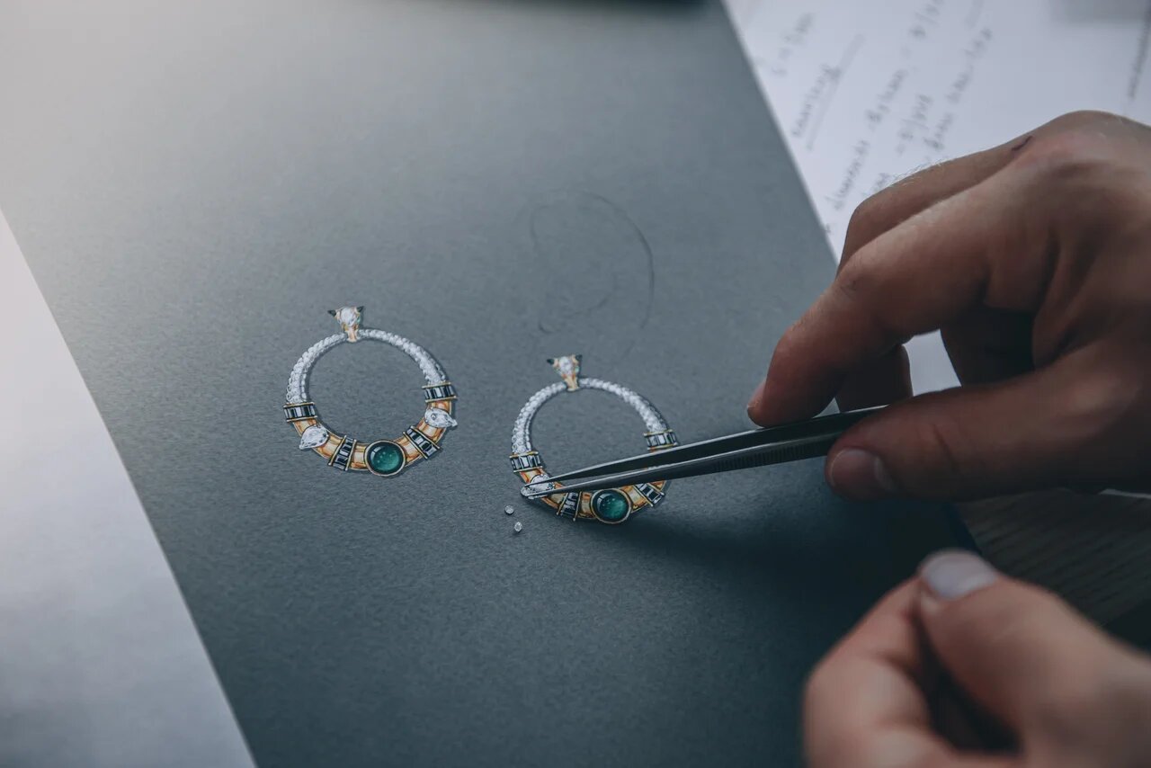  Gouache paintings of jewellery pieces from the Minotaur Collection by Nina and Mila Pikova