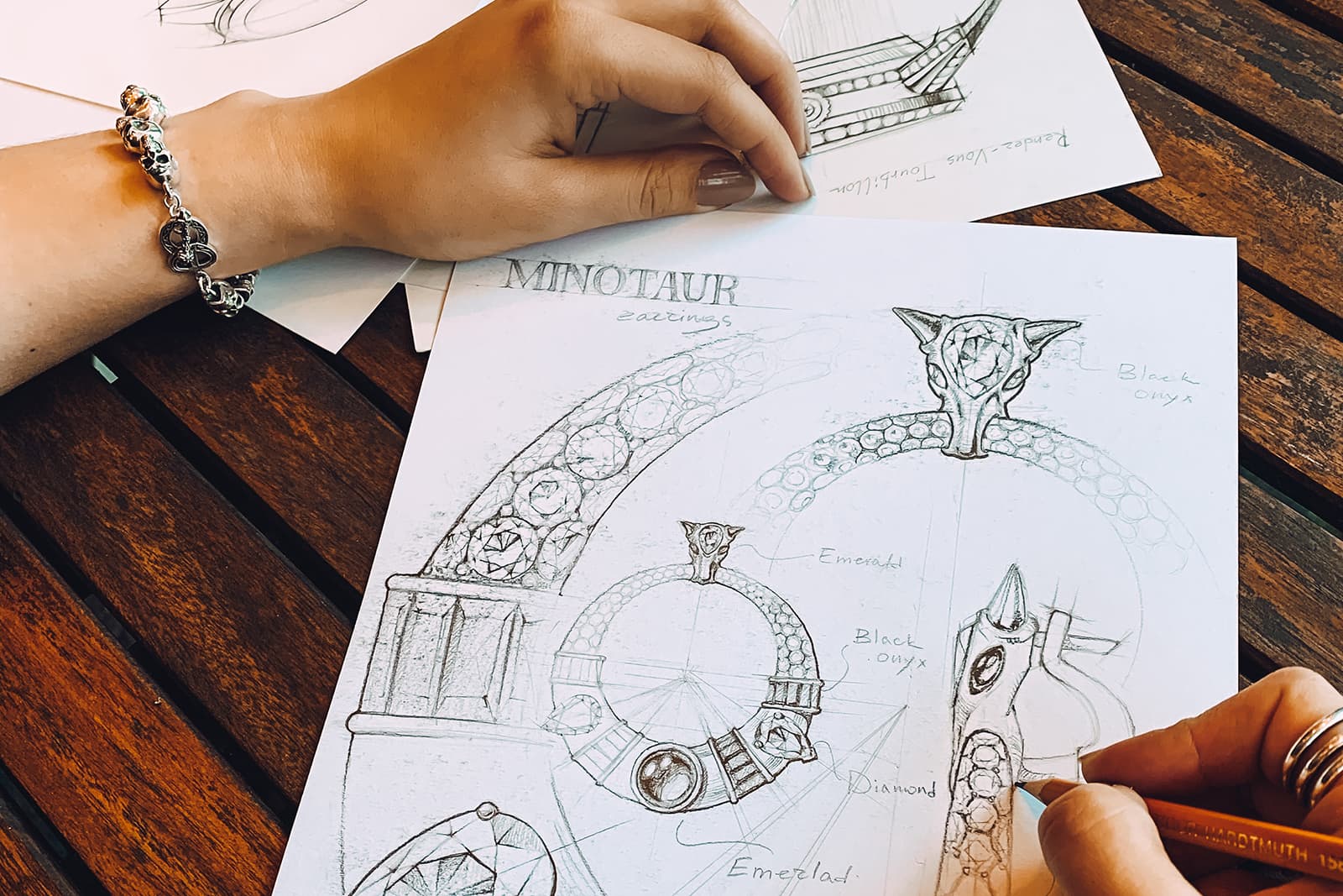  Hand-drawings of jewellery pieces from the Minotaur Collection by Nina and Mila Pikova