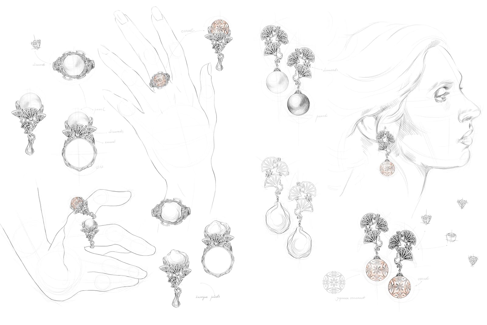 Hand-drawn designs for a pair of pearl earrings and a matching ring by twins Nina and Mila Pikova