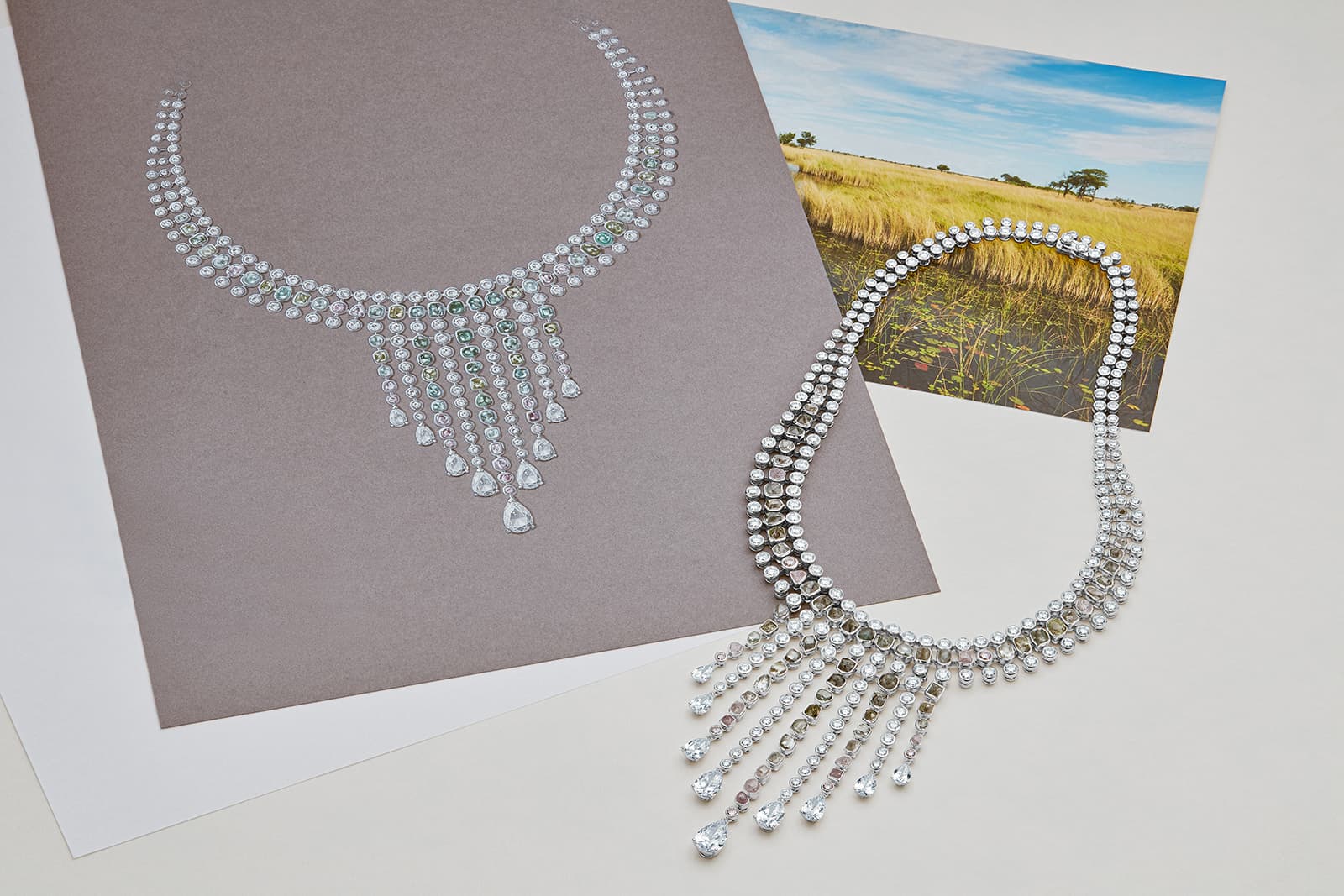 De Beers Okavango Grace necklace from the Reflections of Nature High Jewellery Collection with blue, grey and pink diamonds