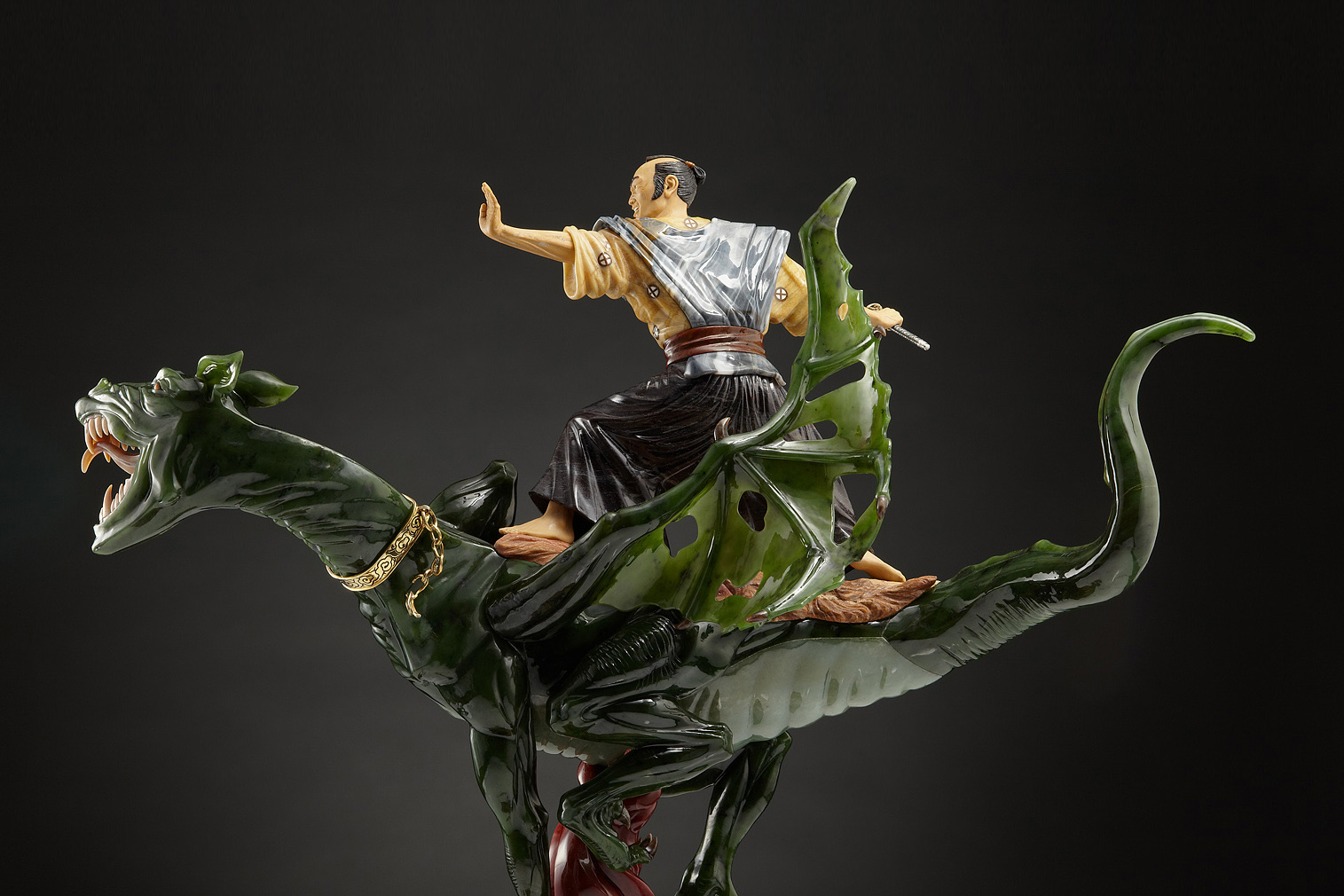 'Samurai on a Dragon' by Svyatogor Studios crafted in jade, agate, chalcedony, flint, aventurine, jaspilite and jasper with silver, gold and enamel