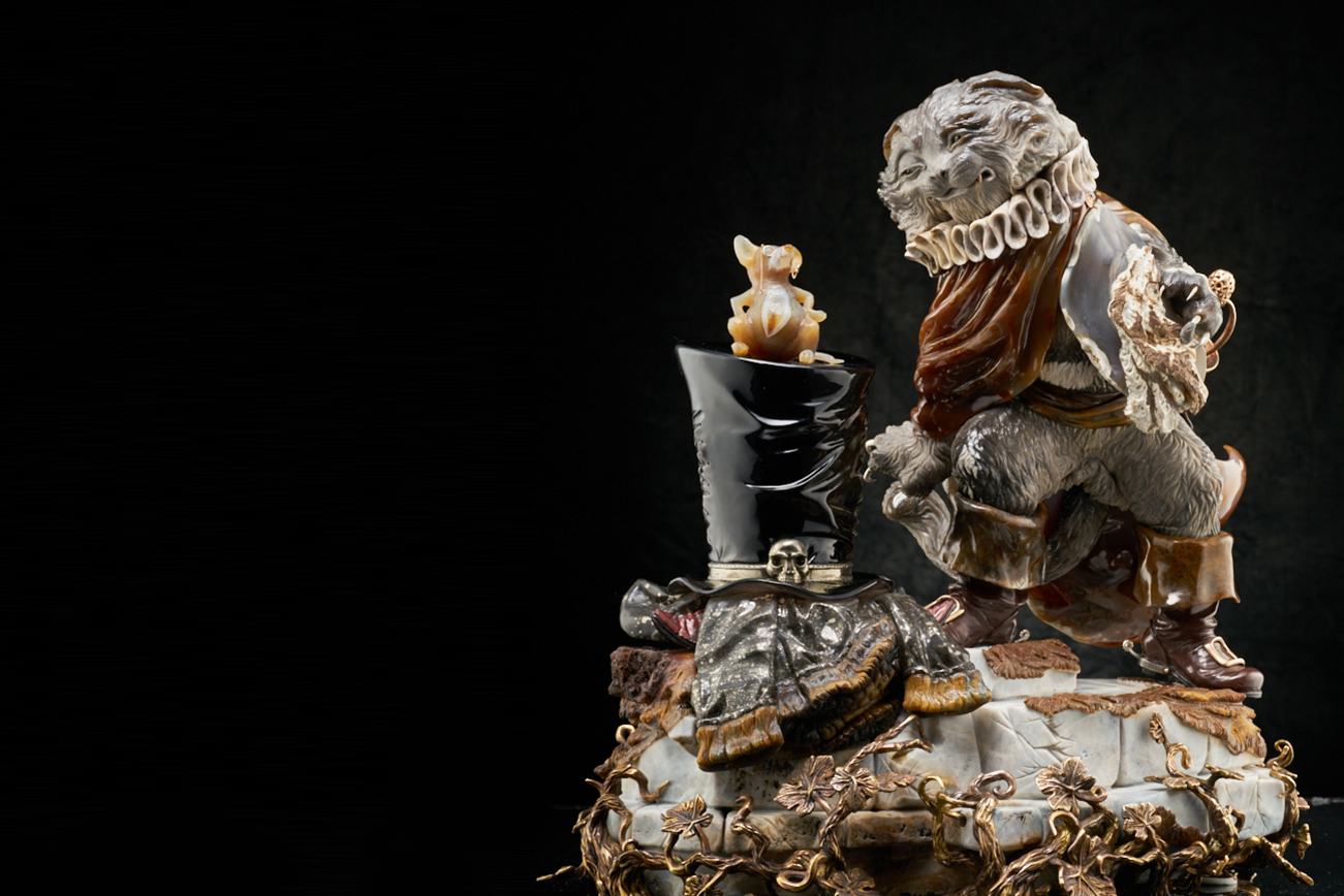  'Puss in Boots' by Studio Svyatogor crafted using agate, flint, chalcedony, tiger's eye, opsidian and pyrite