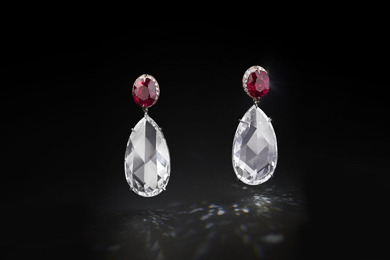  House of Geneva Jet d’Eau Numéro 5 earrings with rose-cut Type IIa ‘Golconda’ Indian diamonds of 5.08 carats and 5.51 carats with unheated pigeon’s blood rubies totalling 2.26 carats