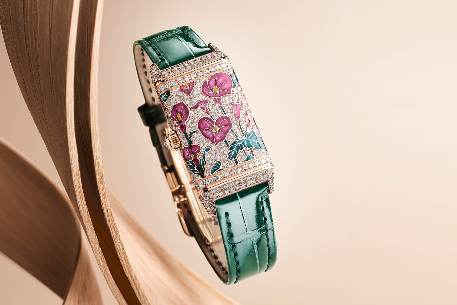 Jaeger LeCoultre Reverso One Precious Flowers Purple Arums watch with diamond-set enamelled flowers and leaves
