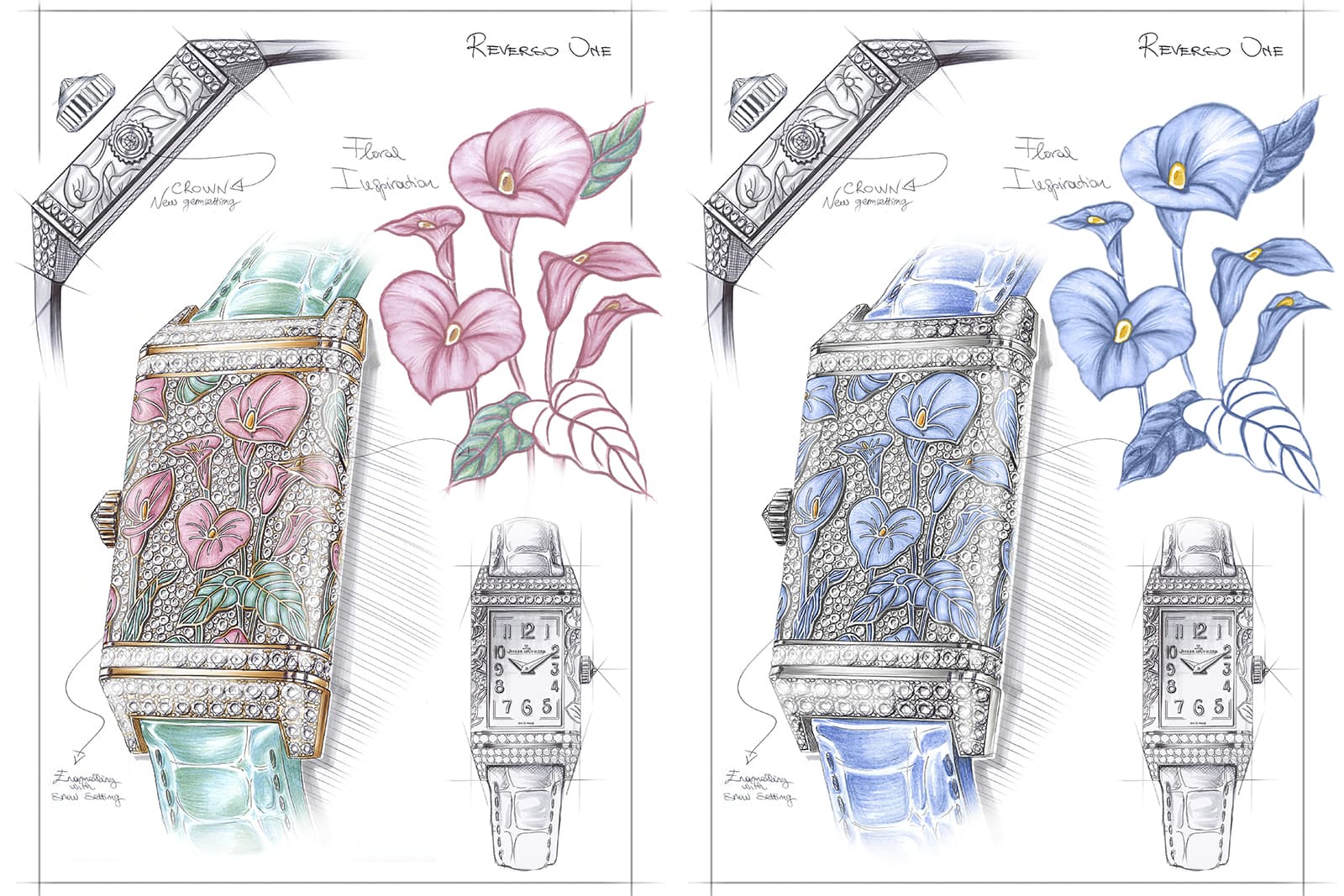  Artist sketches of the Jaeger LeCoultre Reverso One Precious Flowers Collection of jewelled timepieces