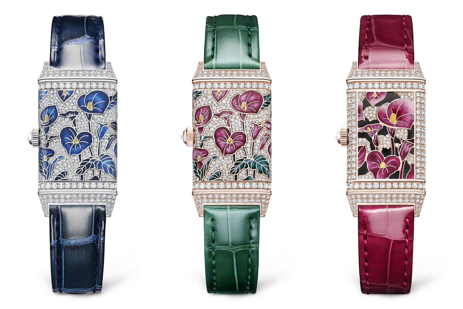  Three Jaeger LeCoultre Reverso One Precious Flowers watches, including (from L-R) White Lilies, Purple Arums and Pink Arums 