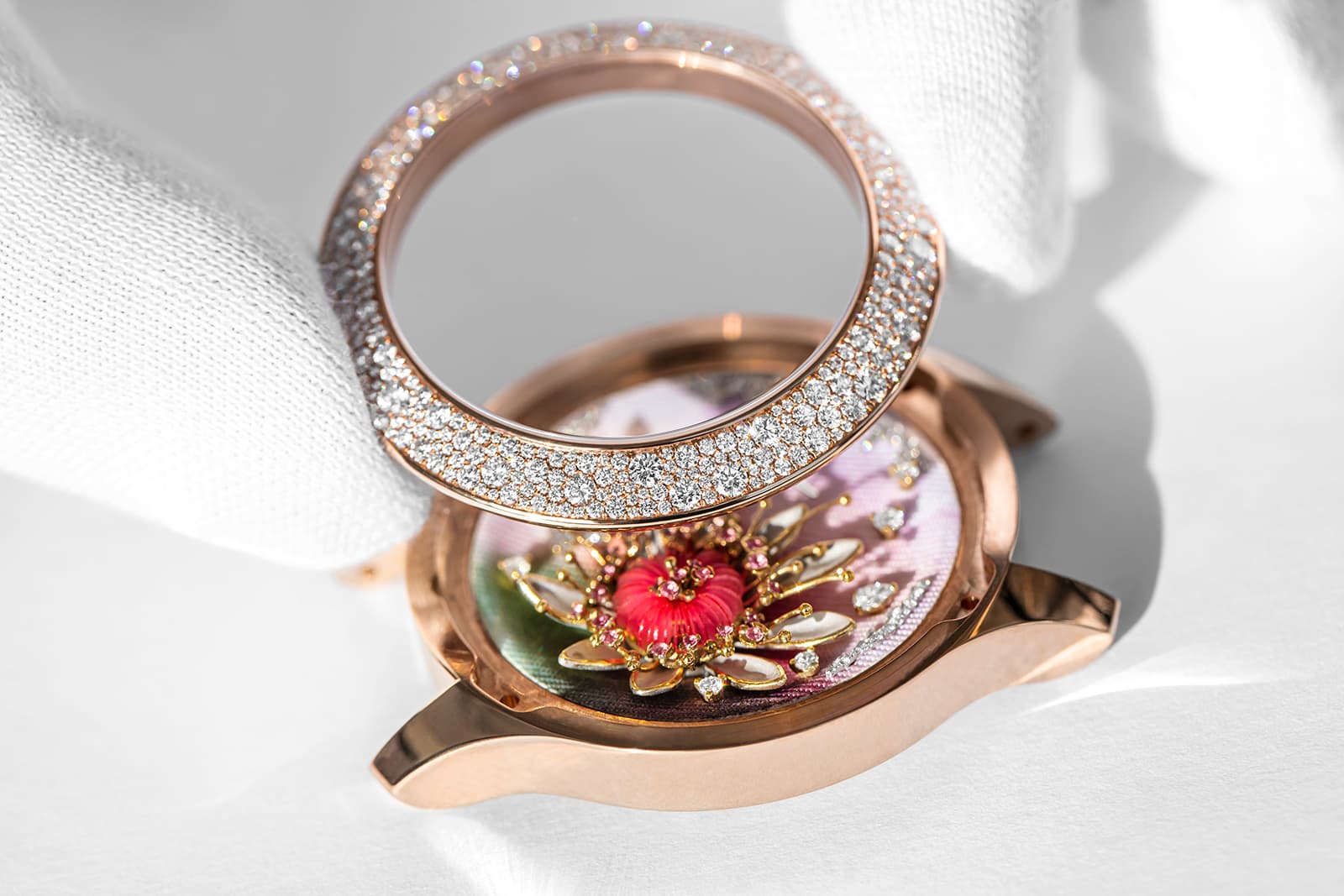  The Dior Grand Soir ‘Aquarelle’ watch has a polished gold case back engraved with a flower 