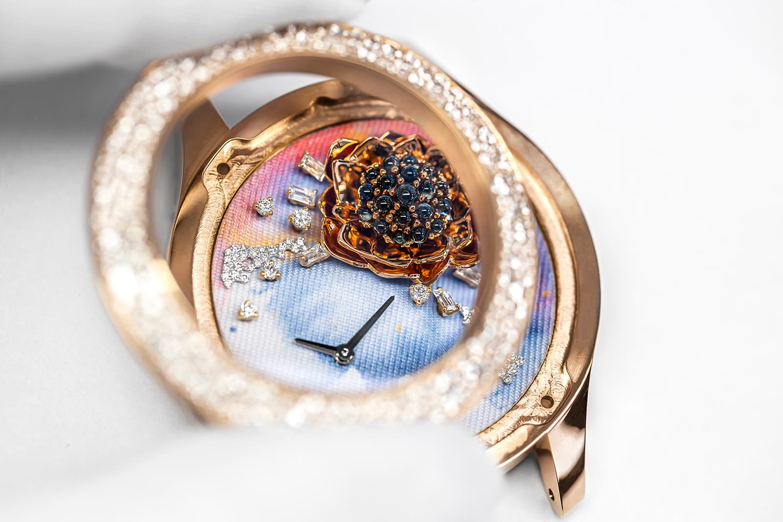 The Dior Grand Soir ‘Aquarelle’ watch with a snow-set diamond bezel