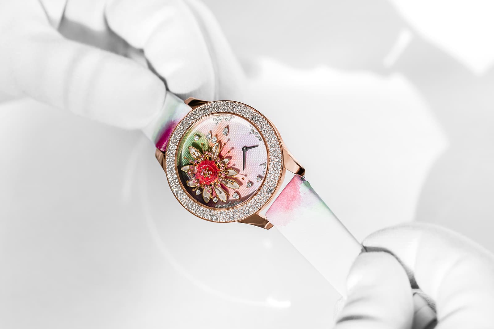  Both of the Dior Grand Soir ‘Aquarelle’ watches have snow-set diamond bezels and calfskin leather straps 