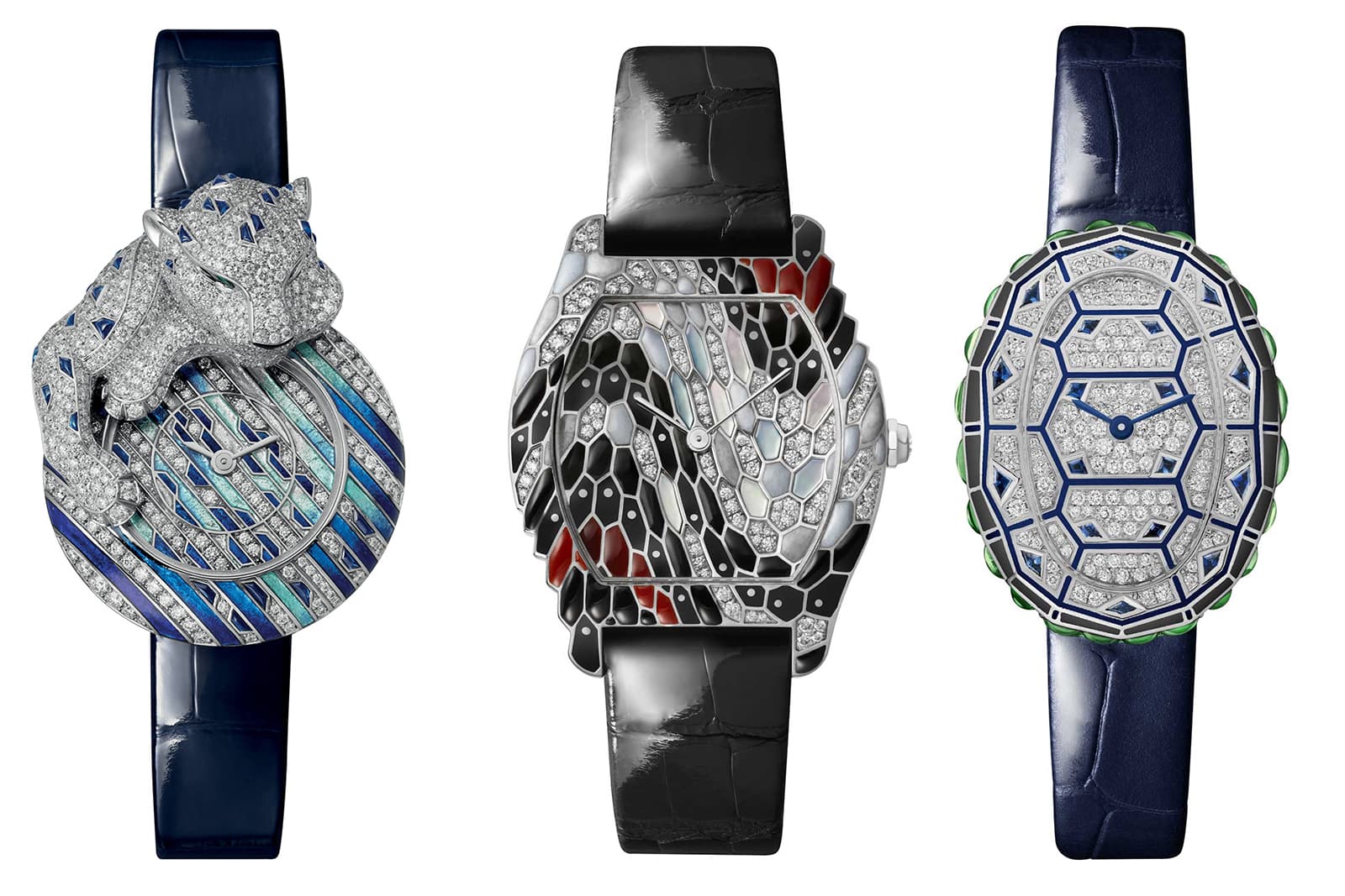  From L-R: The Cartier Panthère Songeuse timepiece, Cartier Libre Tortue Serpent watch and the Cartier Libre Baignoire Tortue watch