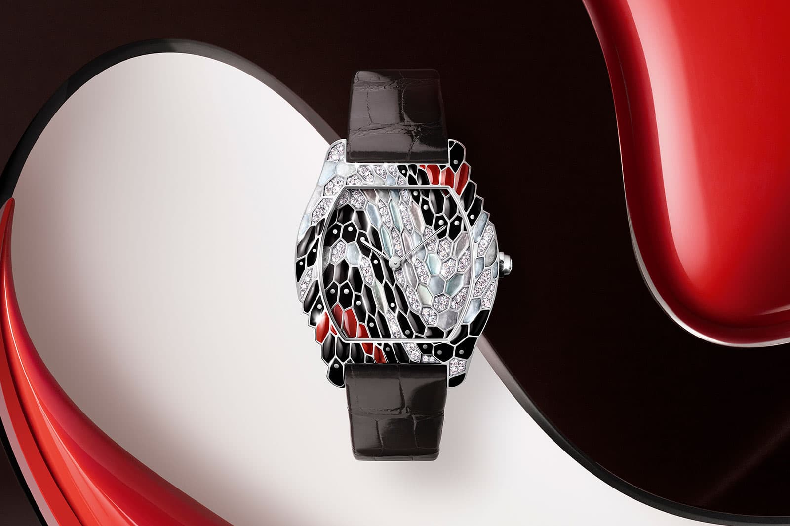 Cartier Libre Tortue Serpent watch with of black and coral-coloured enamel, mother-of-pearl, drops of polished gold and 130 brilliant-cut diamonds