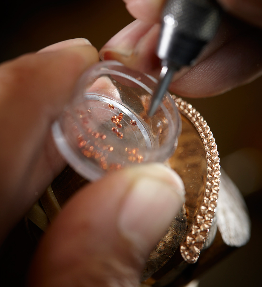 de Grisogono Grappoli watch with orange sapphires in the process of being made
