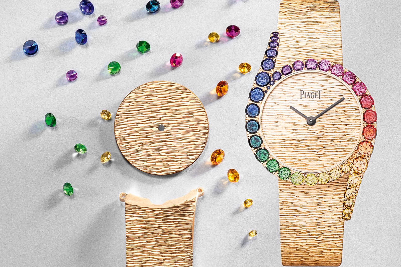  Piaget Limelight Gala Precious Rainbow watch with tsavorite garnets and fancy-colour sapphires in red, orange, yellow, blue, indigo, and violet, set in 18k rose gold