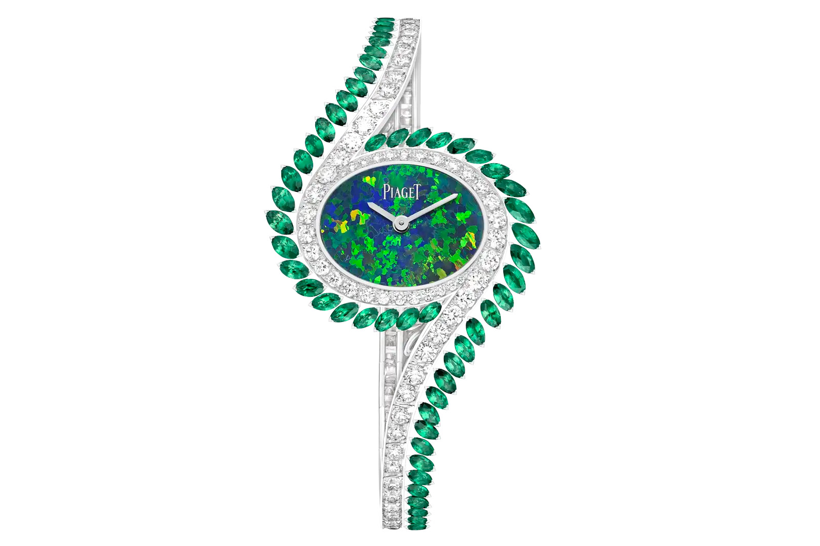 Piaget Limelight Gala High Jewellery Black Opal watch with an Australian black opal dial, 91 brilliant-cut diamonds and 83 marquise-cut emeralds