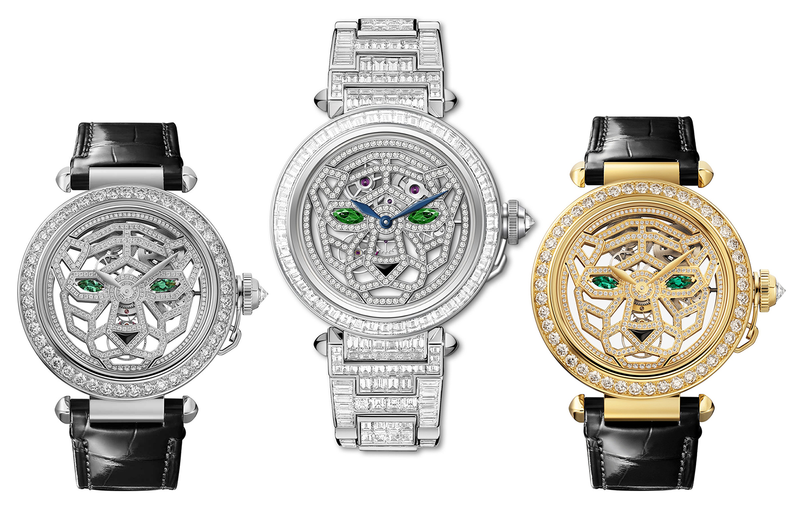A trio of Cartier Pasha de Cartier timepieces with an openwork panther’s head outlined with pavé diamonds and marquise-shaped emerald eyes