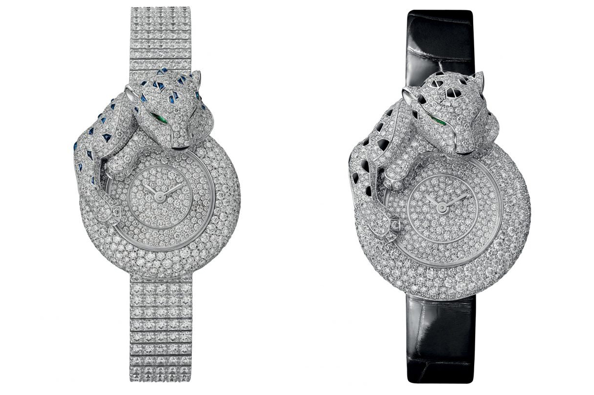  Cartier Panthère Songeuse high jewellery watches with custom-cut sapphires or smooth slices of black onyx paired with pavé diamonds