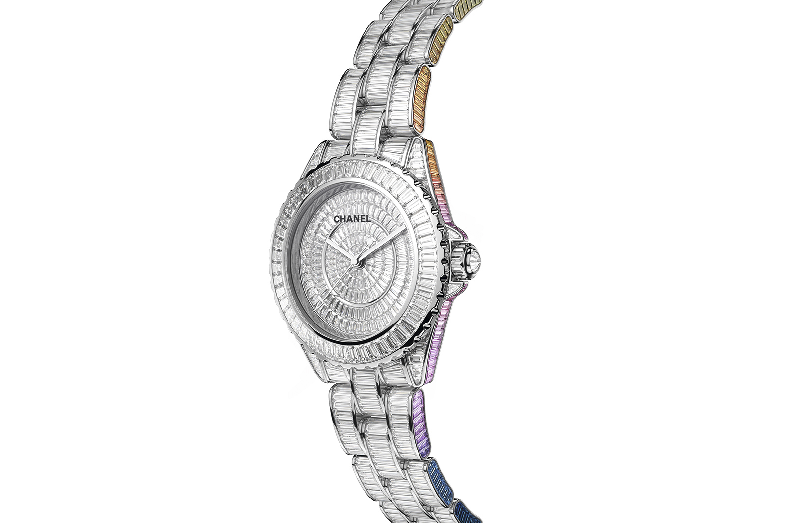 The Chanel Electro watch with an 18k white gold case set with 32.55 carats of rainbow sapphires and baguette-cut diamonds 