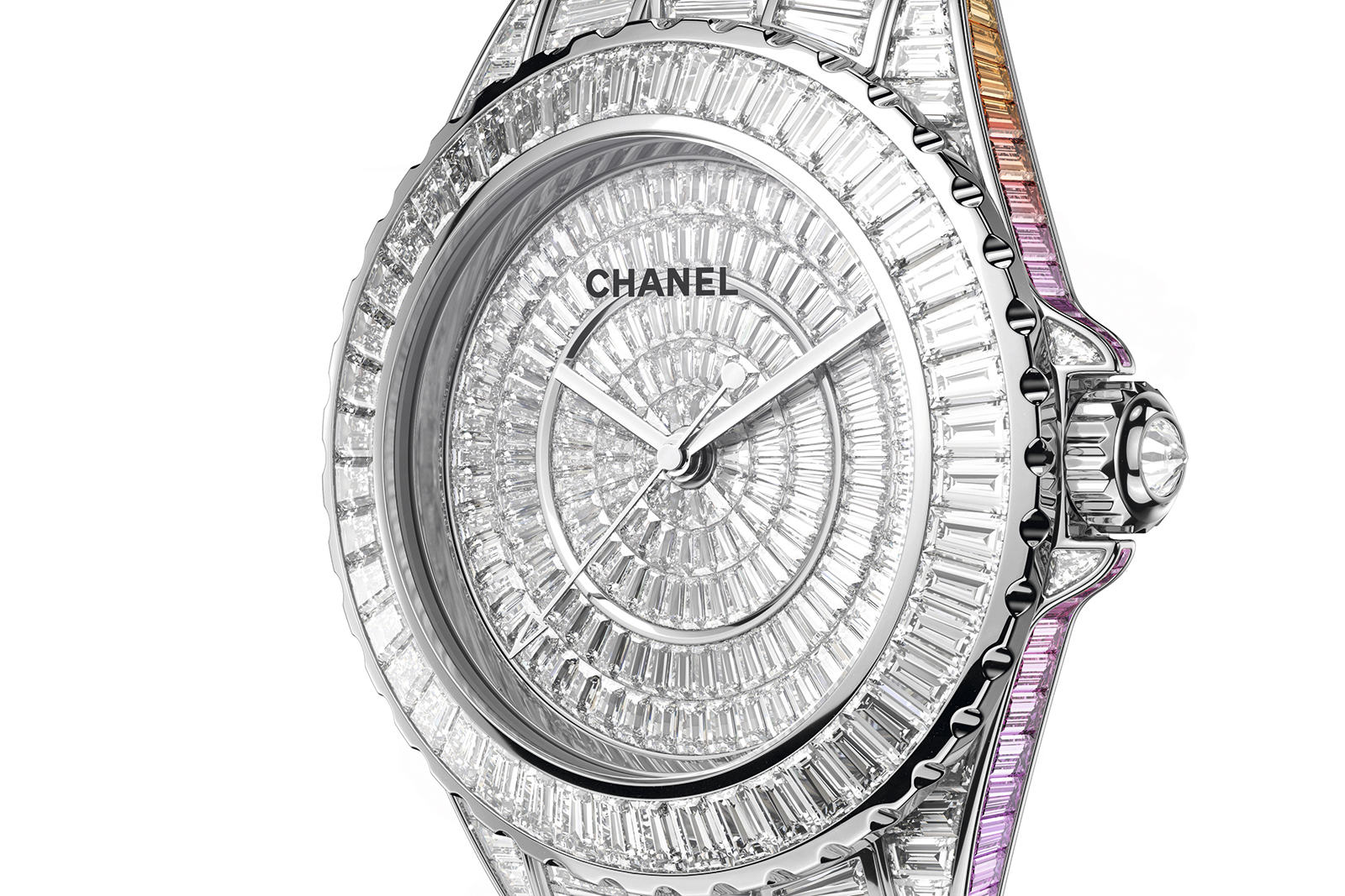  A closer look at the Chanel Electro watch with 55 baguette-cut rainbow sapphires on the case and a further 160 sapphires on the bracelet strap 