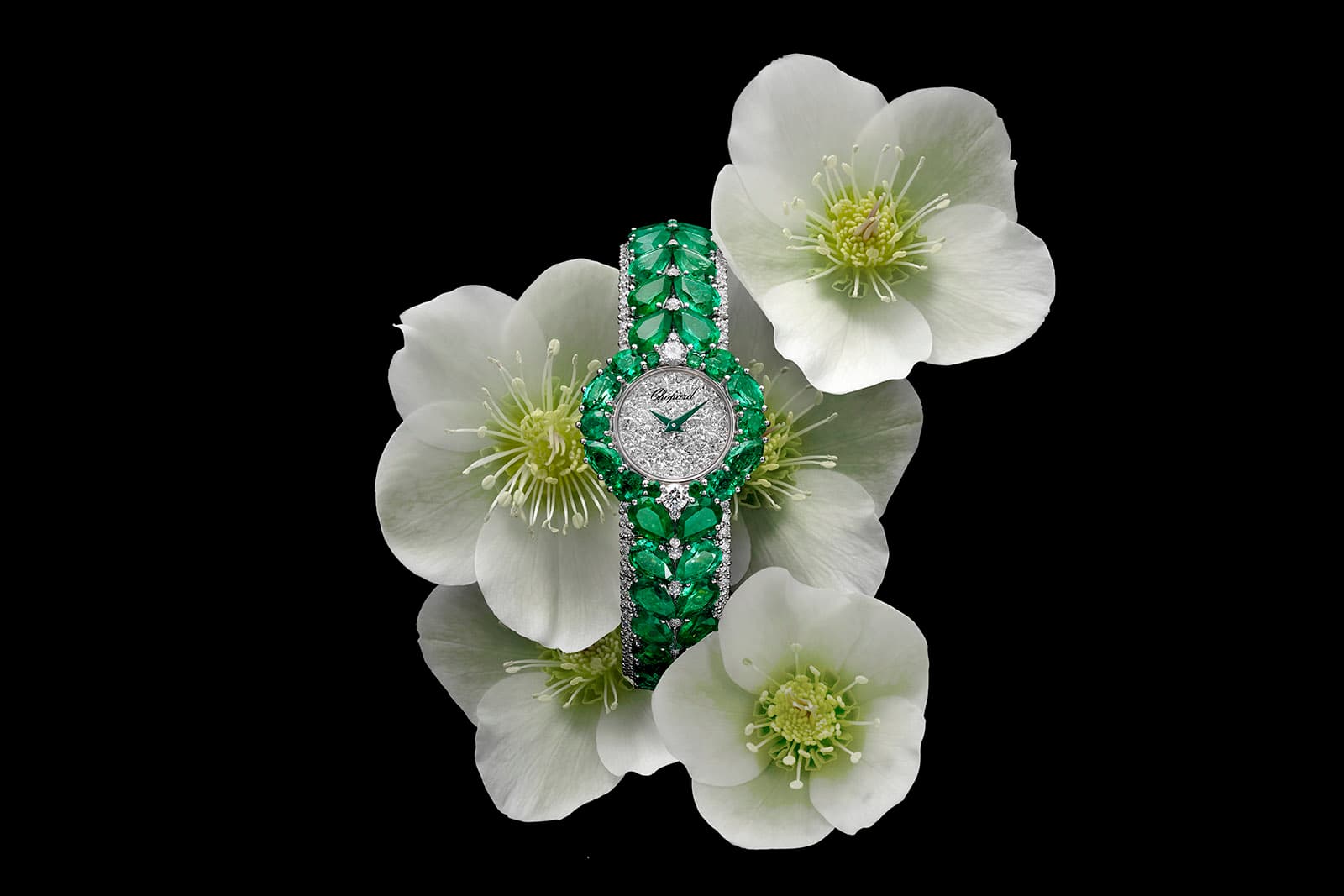 The Chopard Esperanza high jewellery watch with 6.38 carats of pear- and round brilliant-cut diamonds and 41.89 carats of Zambian emeralds