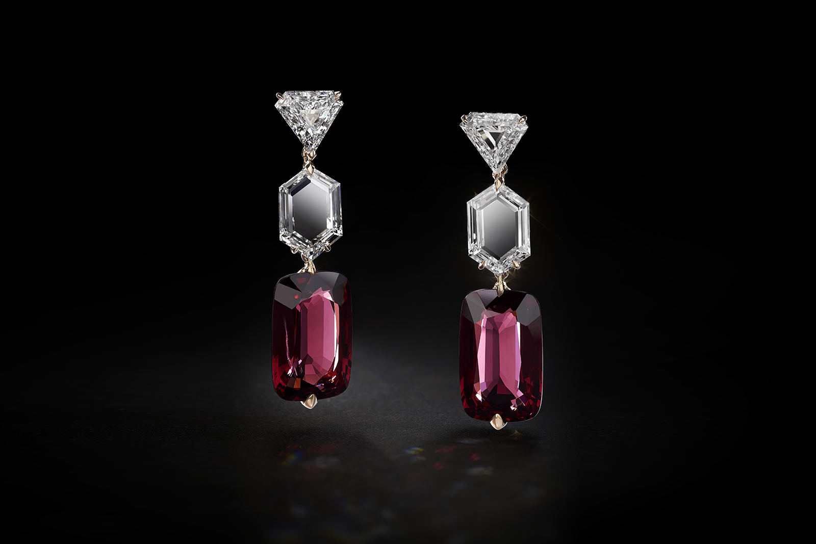 House of Geneva Horloge Fleurie Numéro 3 earrings with antique cushion-cut Burmese spinels of 6.69 and 7.26 carats, descended from two shield-cut diamonds and two portrait-cut diamonds of 2.03 and 2.08 carats